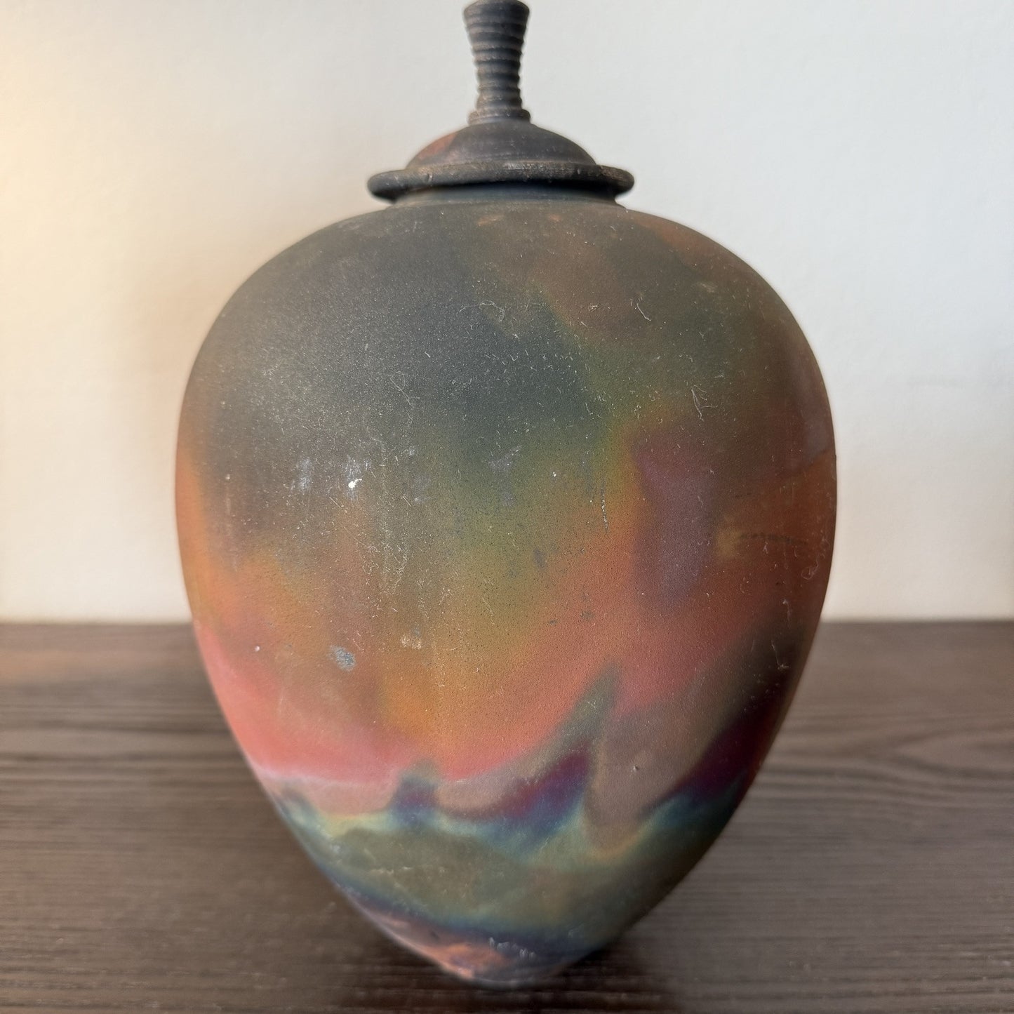 Raku Fired Pottery Iridescent Vase Urn With Lid Signed Wood Colors Natural 10in