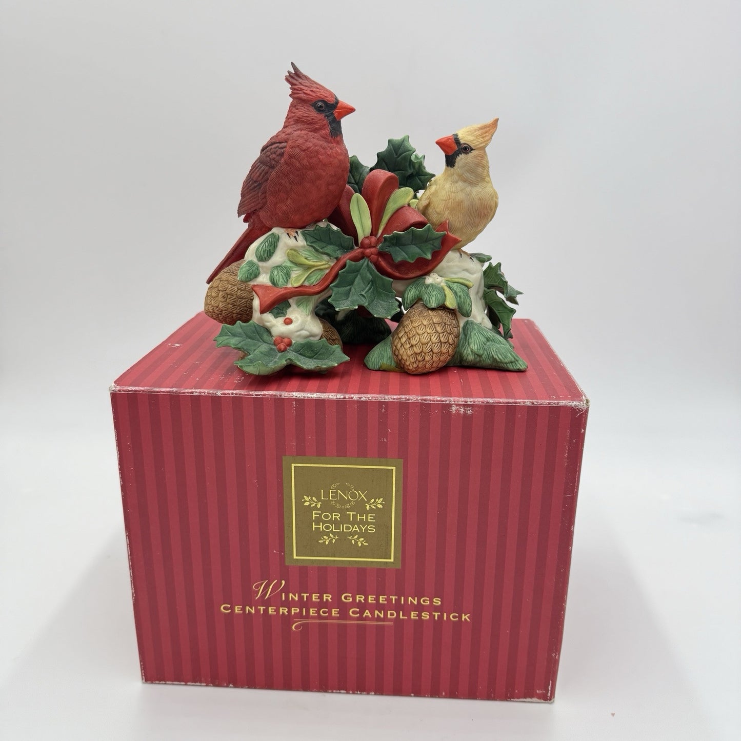 Lenox Winter Greetings Centerpiece CandleStick Cardinals Birds Porcelain Figurin