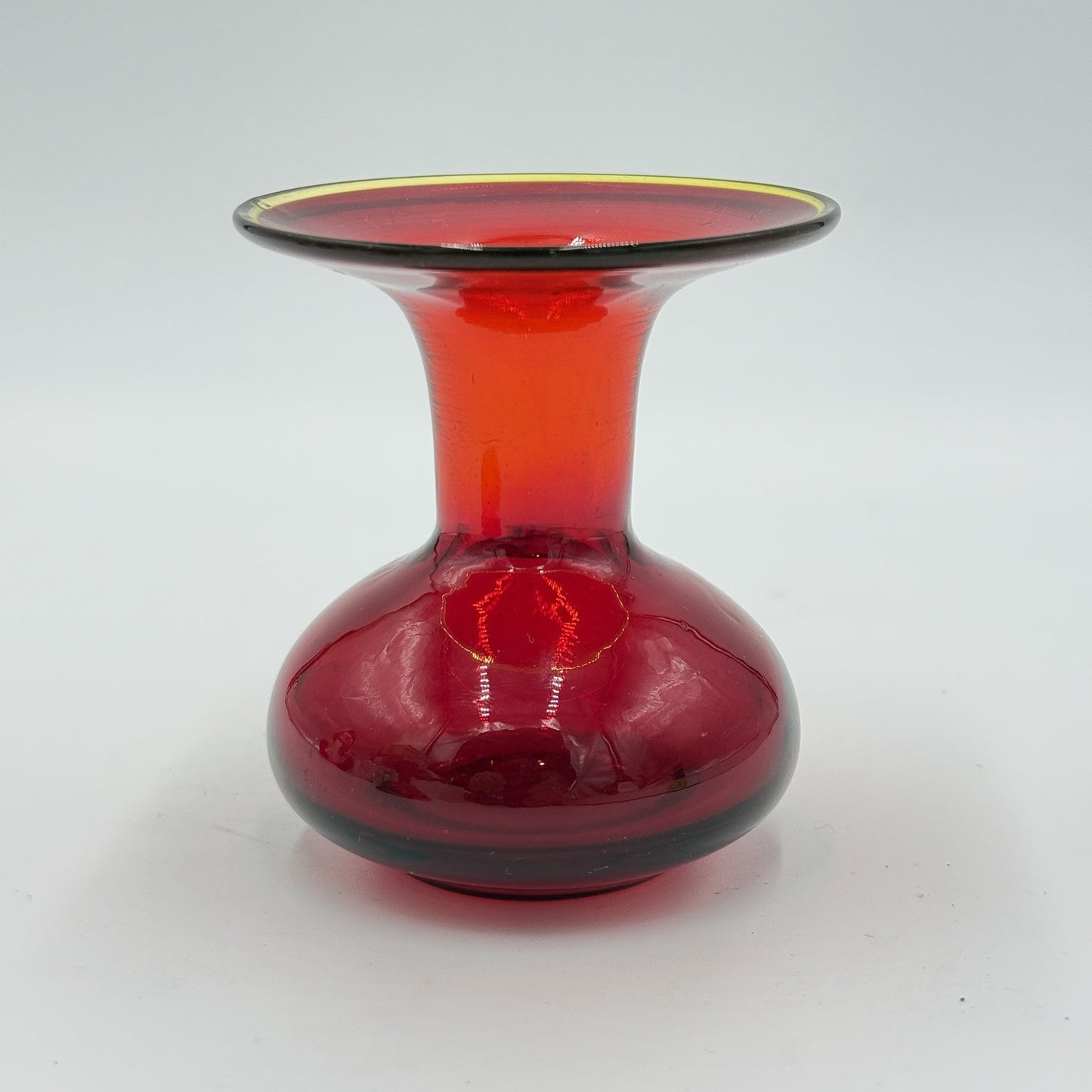 MCM Blenko Art Glass Red Orange Rim Mini Vase 3.5”
