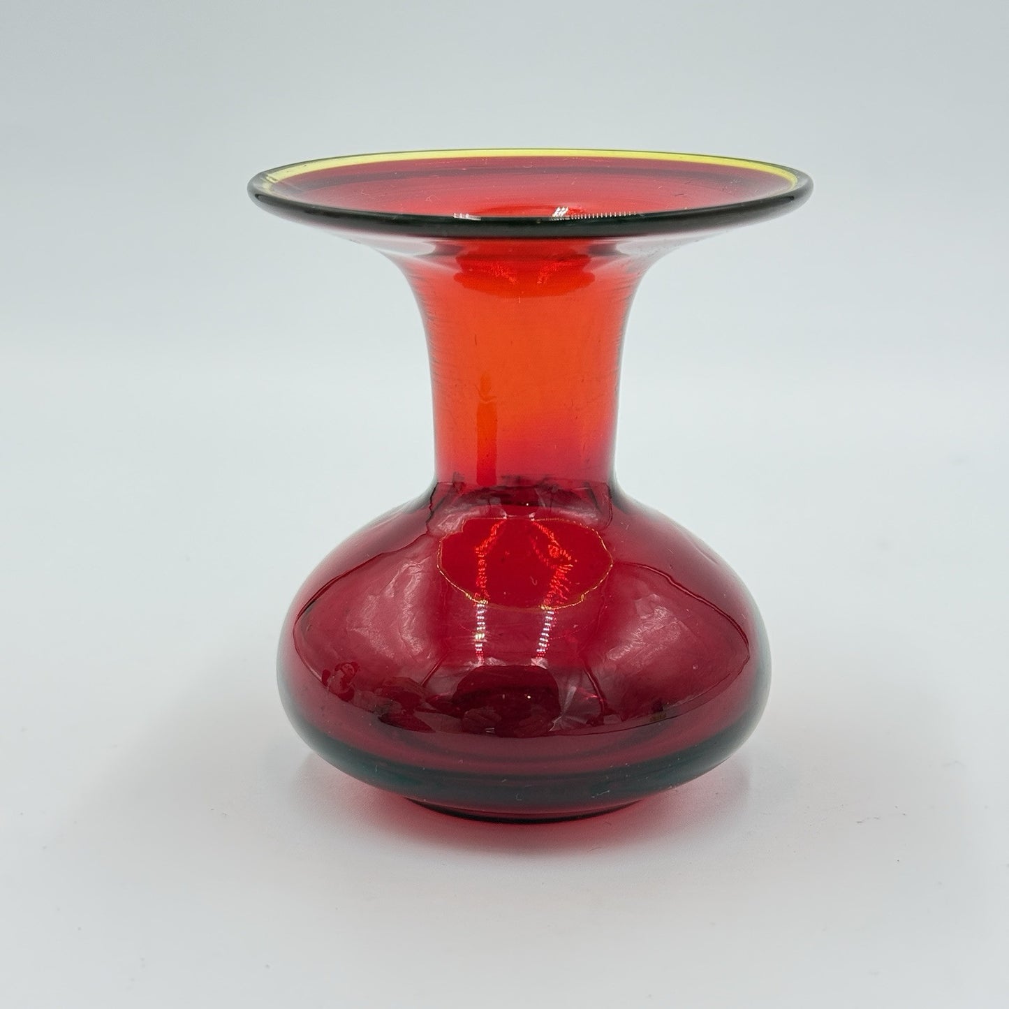 MCM Blenko Art Glass Red Orange Rim Mini Vase 3.5”