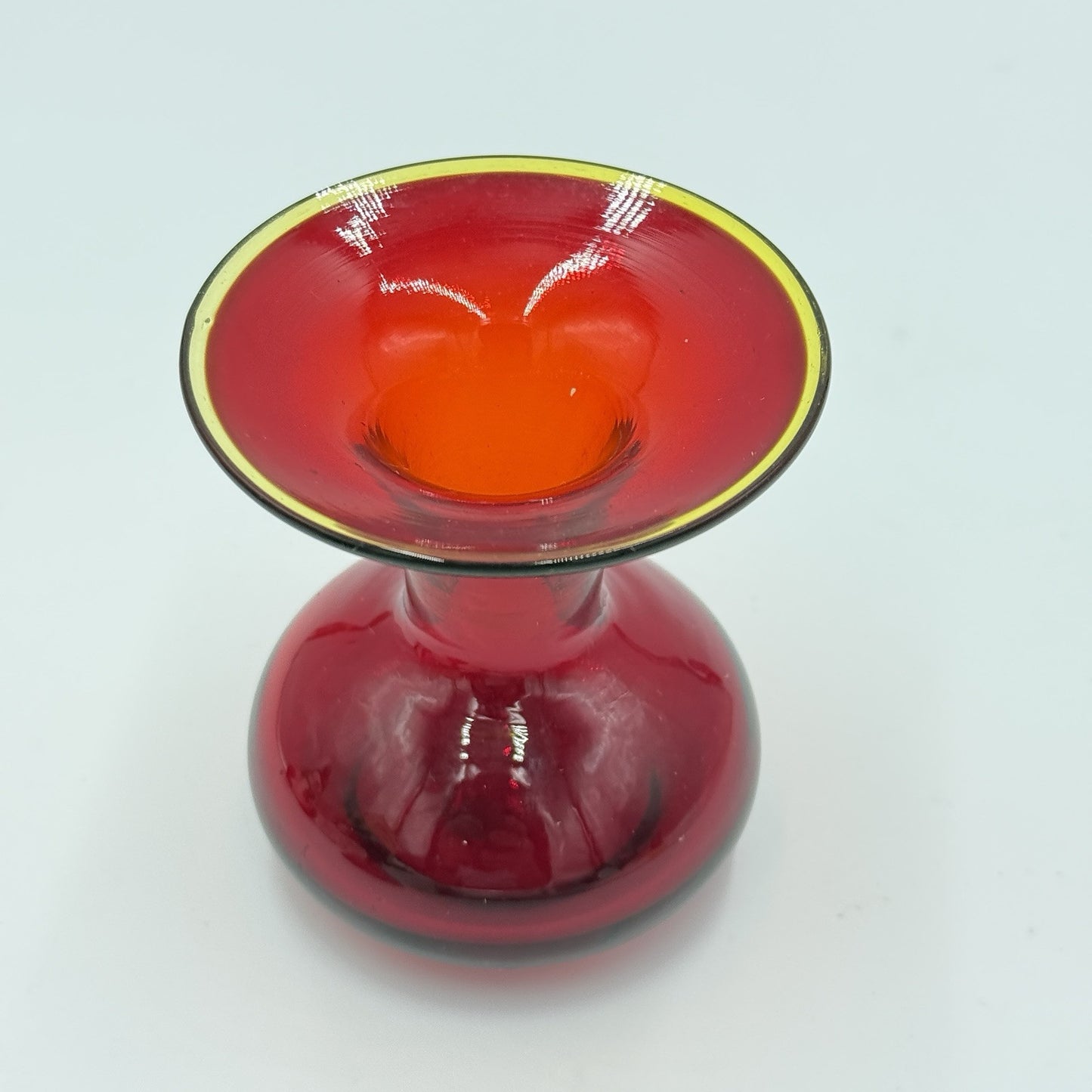 MCM Blenko Art Glass Red Orange Rim Mini Vase 3.5”