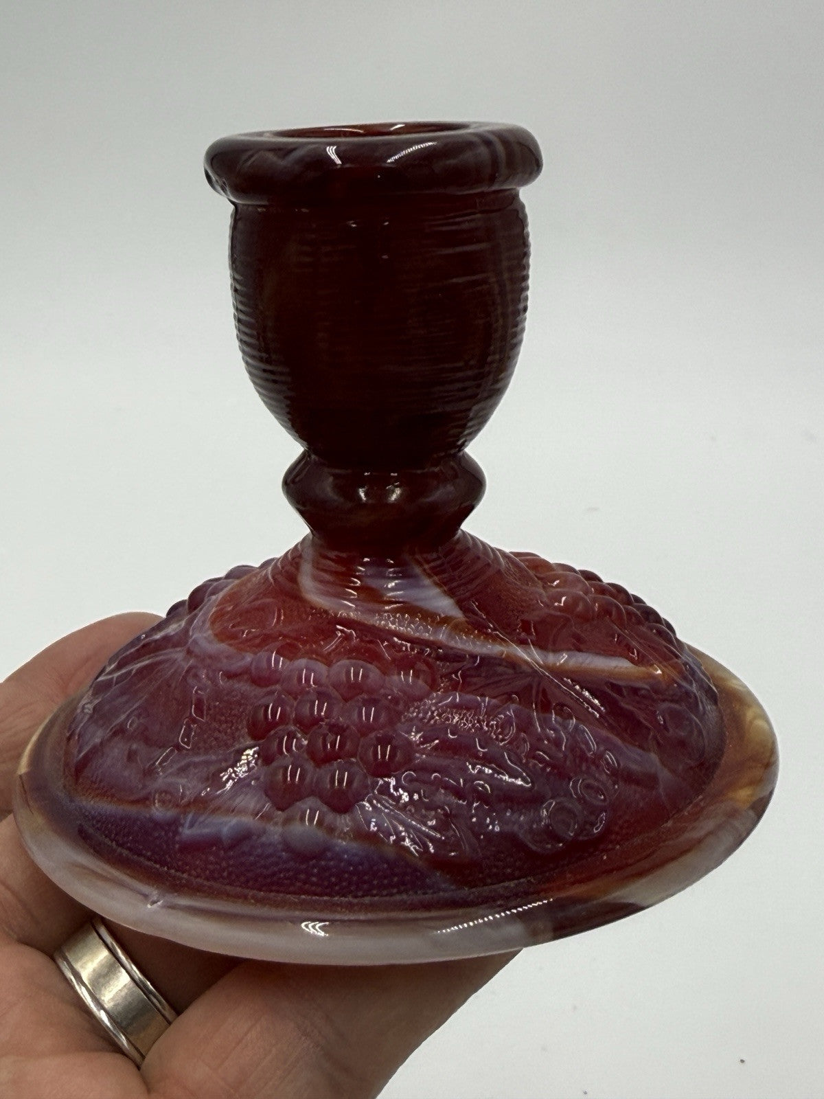 Imperial Red Slag ArtGlass Candle Stick Holder Embossed Grapes Leaf Vintage 1960