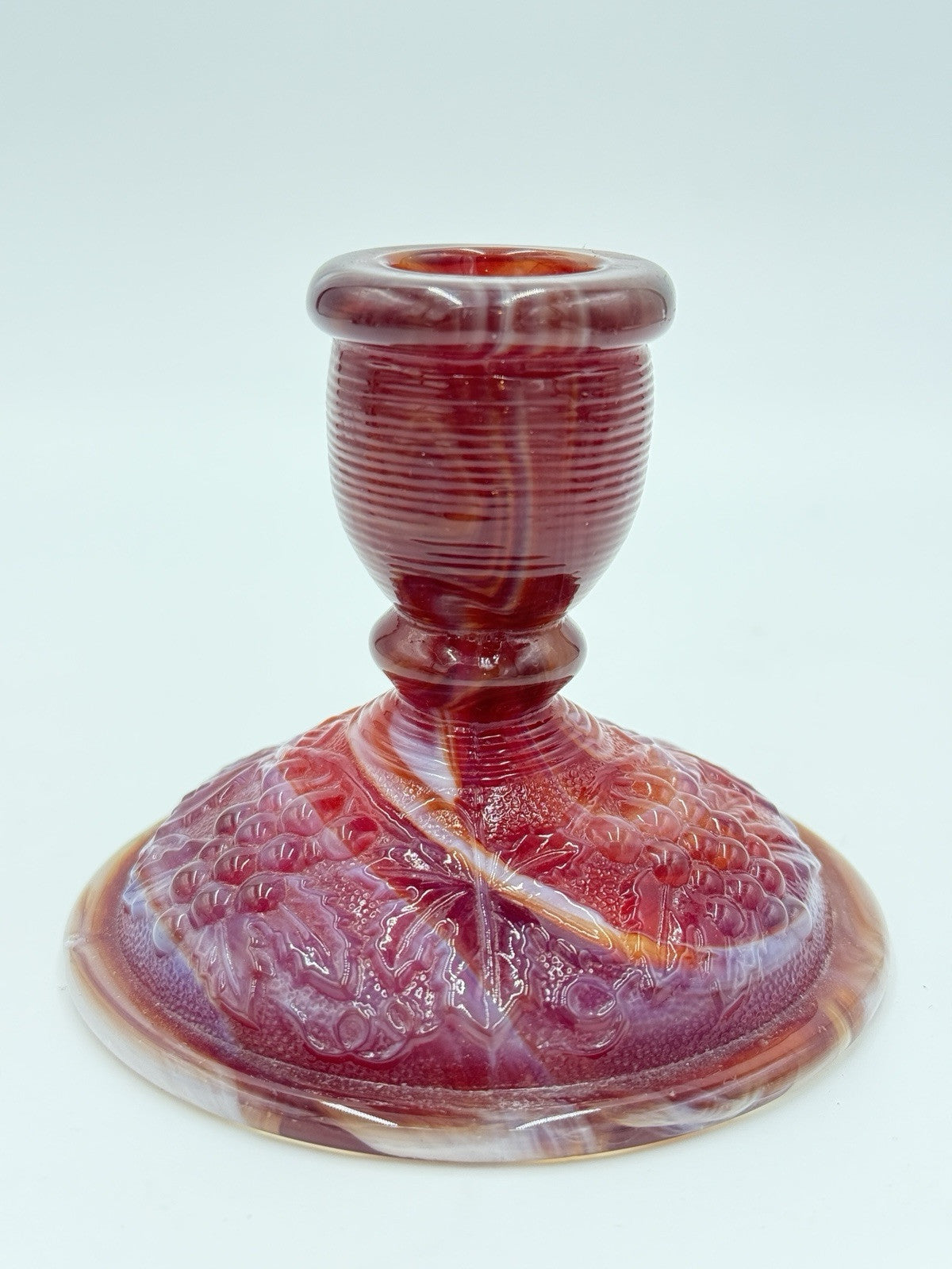 Imperial Red Slag ArtGlass Candle Stick Holder Embossed Grapes Leaf Vintage 1960