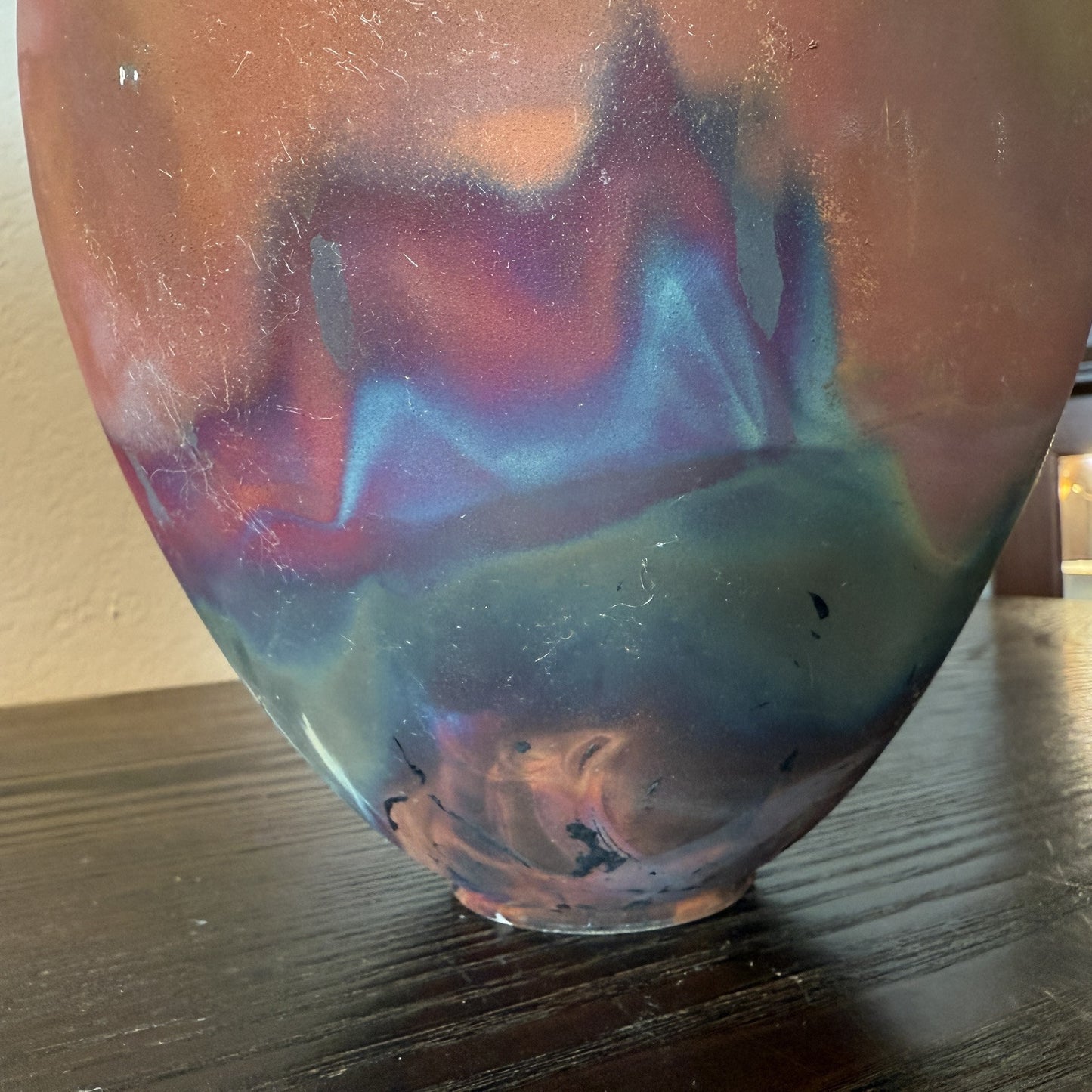 Raku Fired Pottery Iridescent Vase Urn With Lid Signed Wood Colors Natural 10in