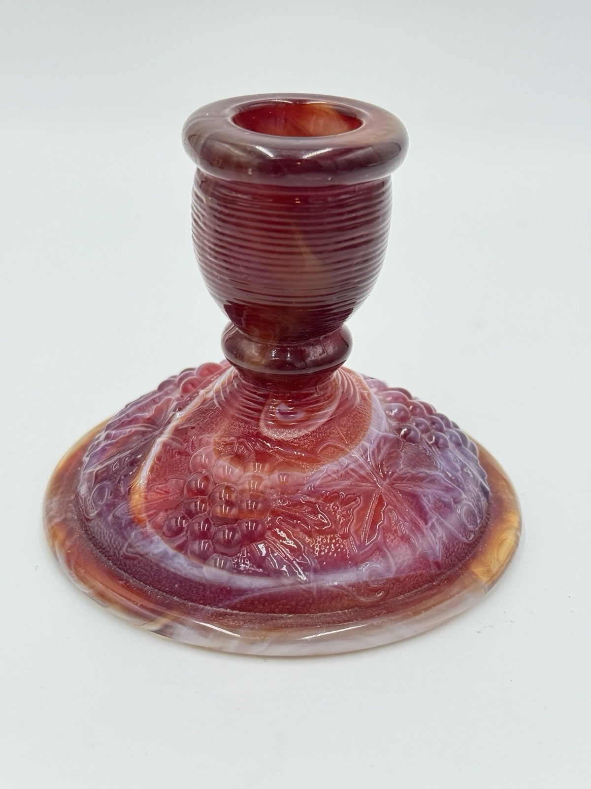 Imperial Red Slag ArtGlass Candle Stick Holder Embossed Grapes Leaf Vintage 1960