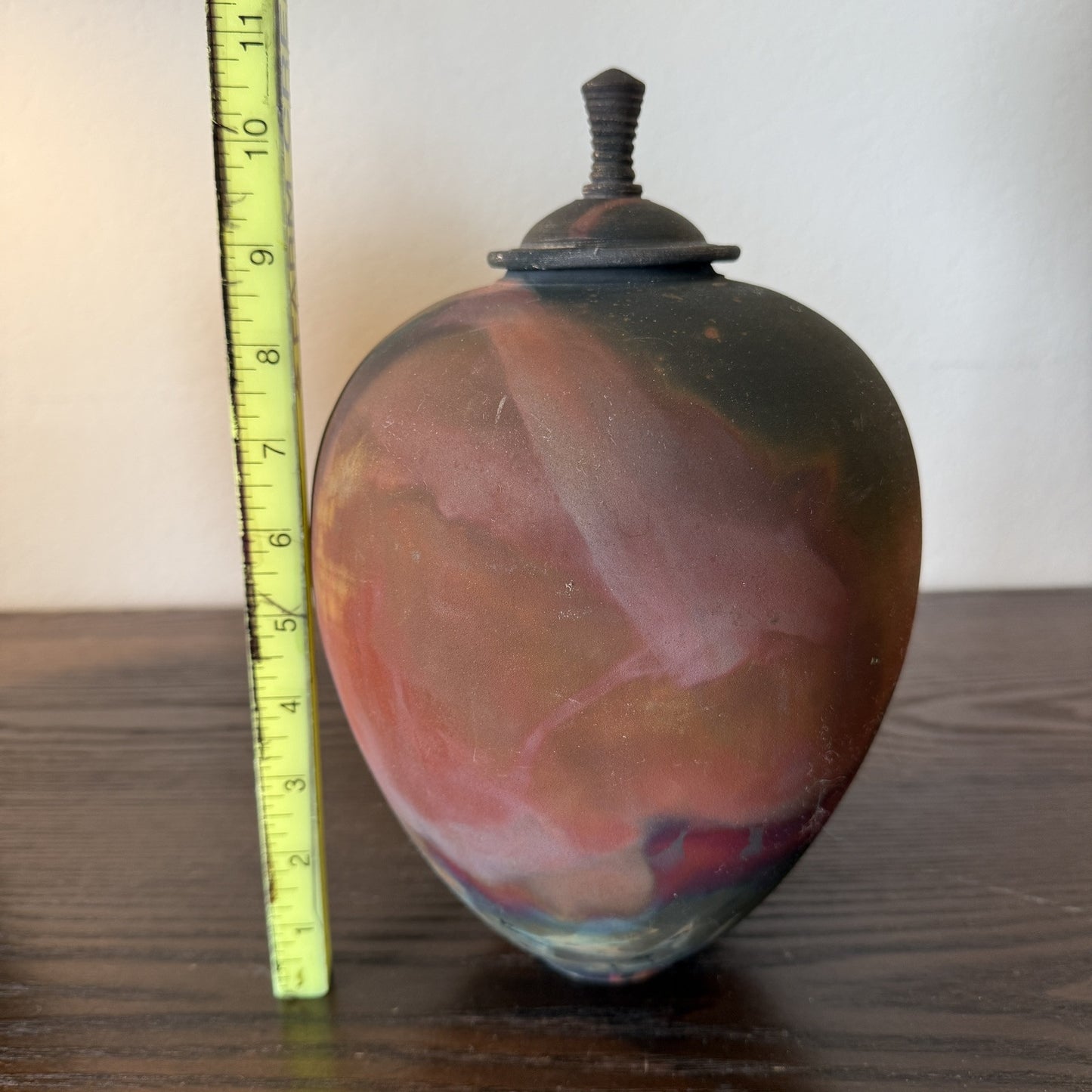 Raku Fired Pottery Iridescent Vase Urn With Lid Signed Wood Colors Natural 10in