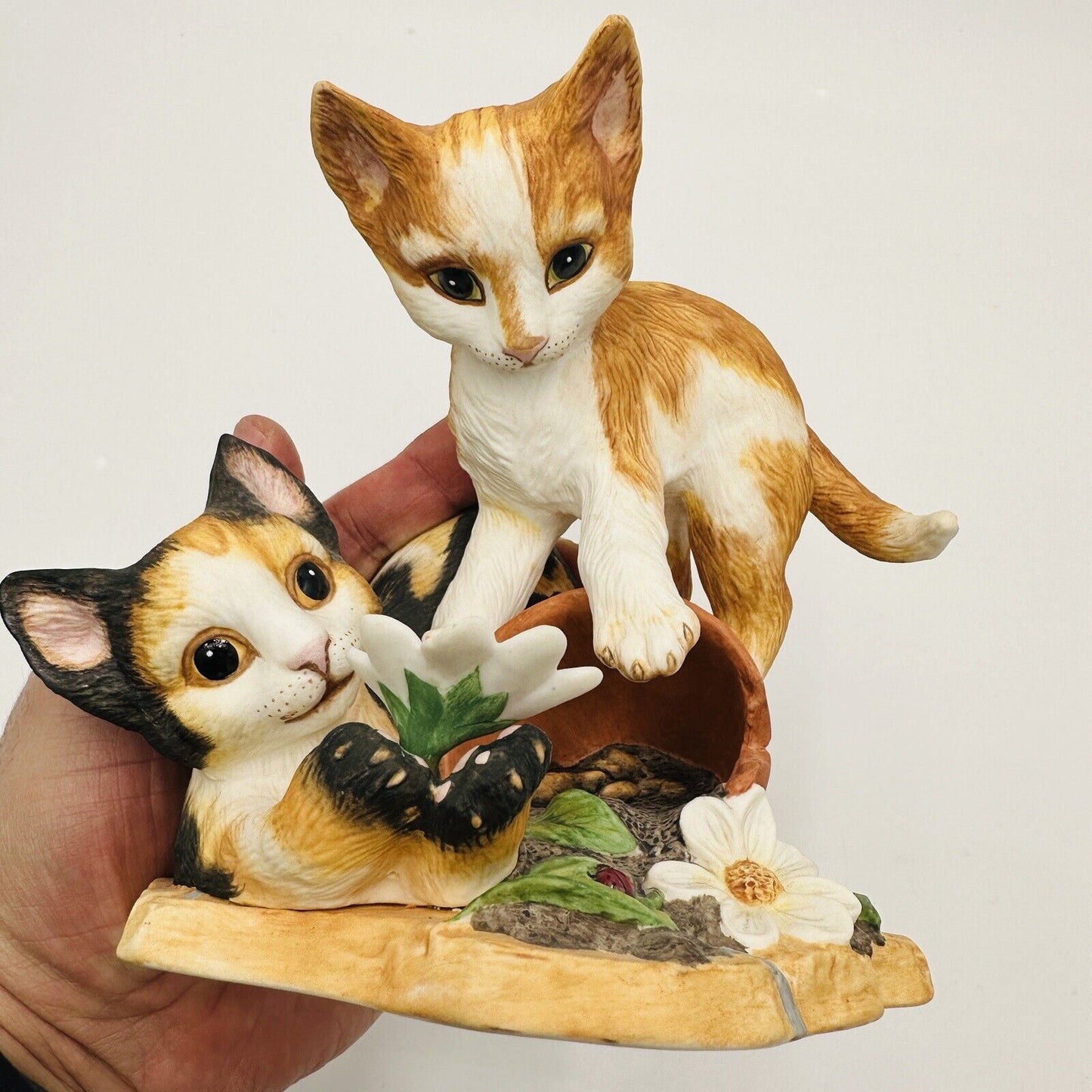 The Franklin Mint Shenenigans' Porcelain Bisque Kittens Playing In Pot Figurine