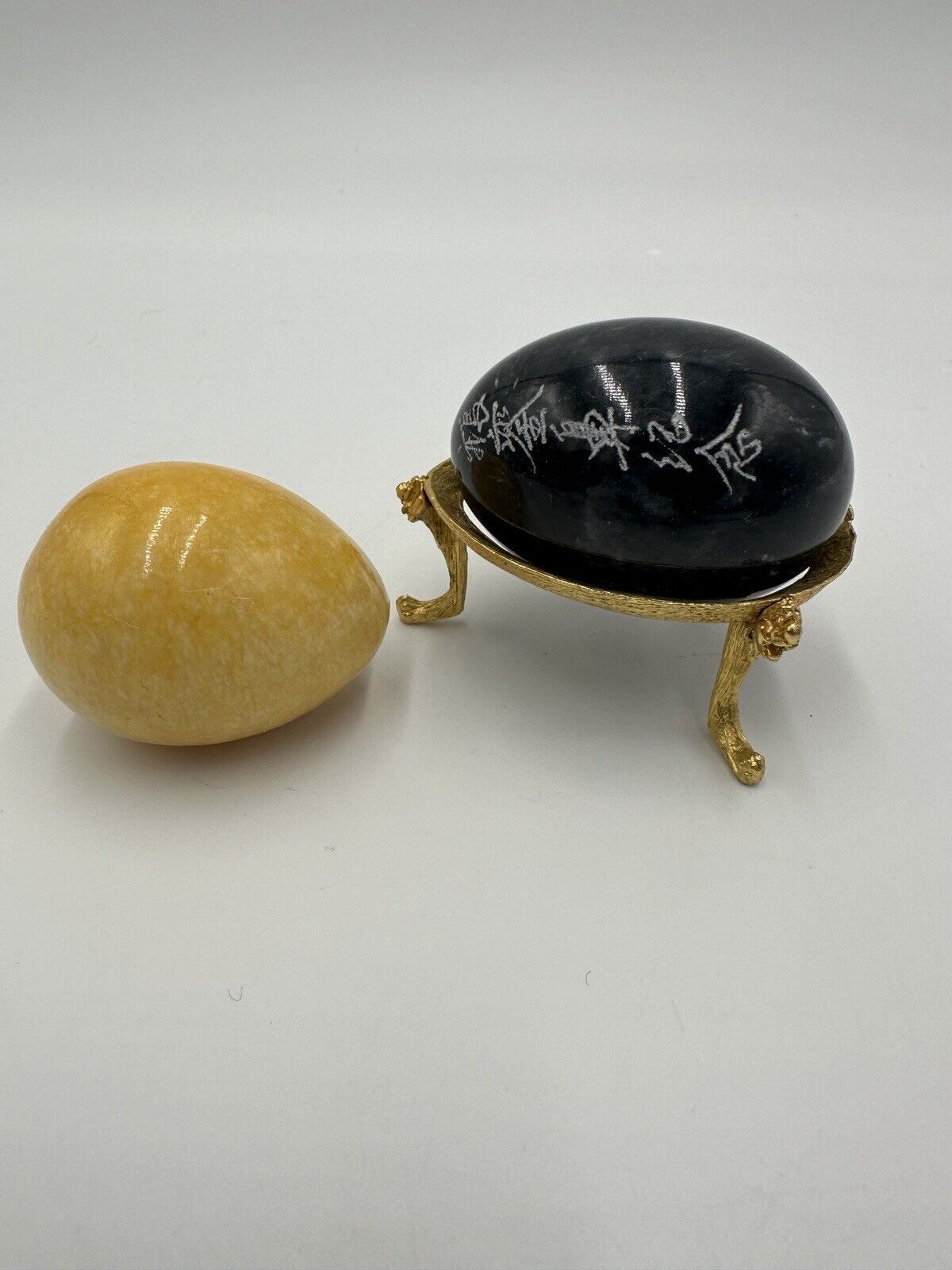 vintage Alabaster Marble Stone 3”Yellow Black Easter Eggs