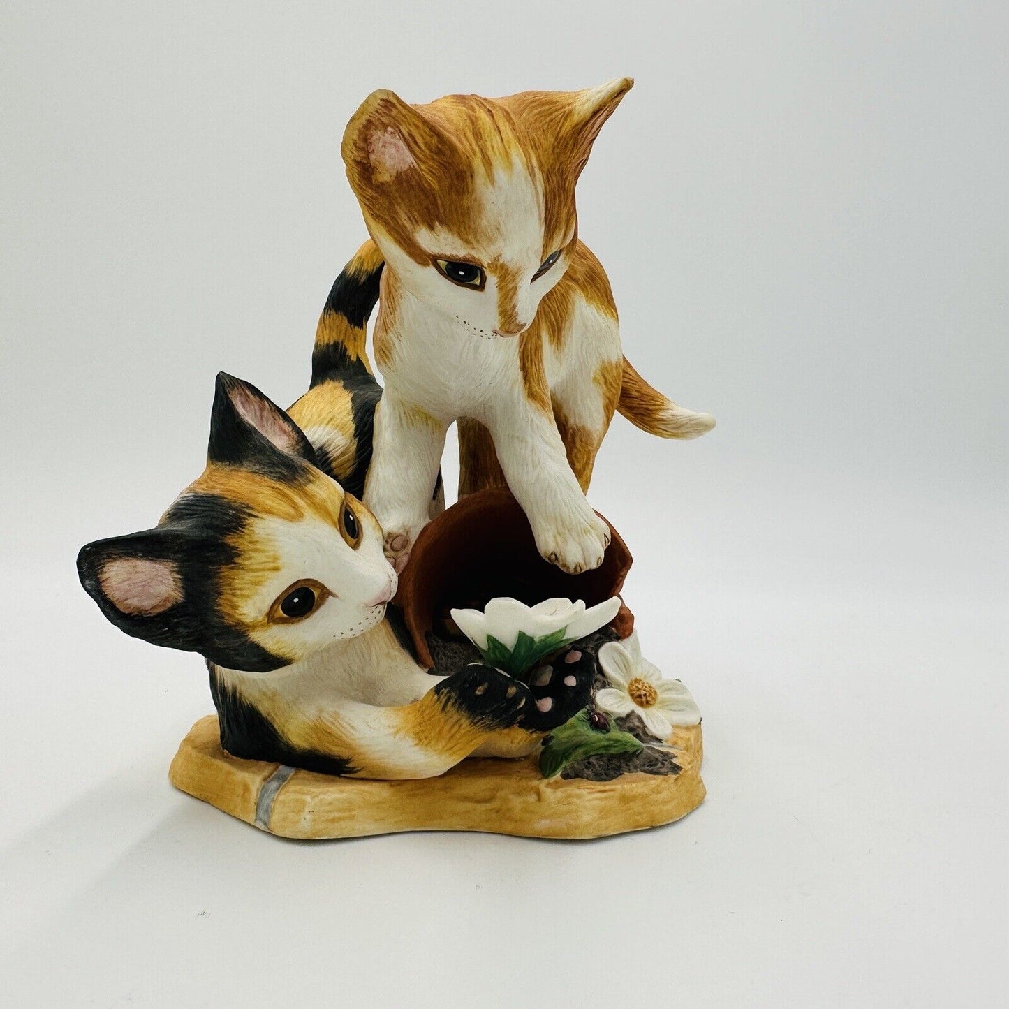The Franklin Mint Shenenigans' Porcelain Bisque Kittens Playing In Pot Figurine