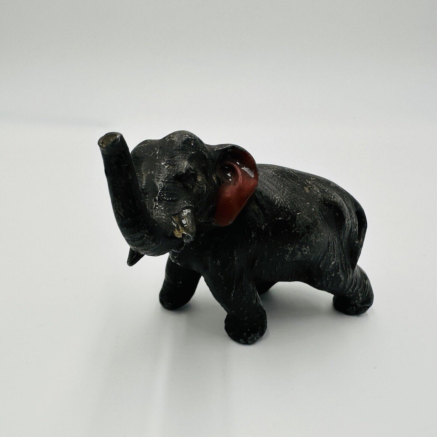 Vintage Metal Elephant Figurine Trunk Up Realistic Japan Metal Red Ears