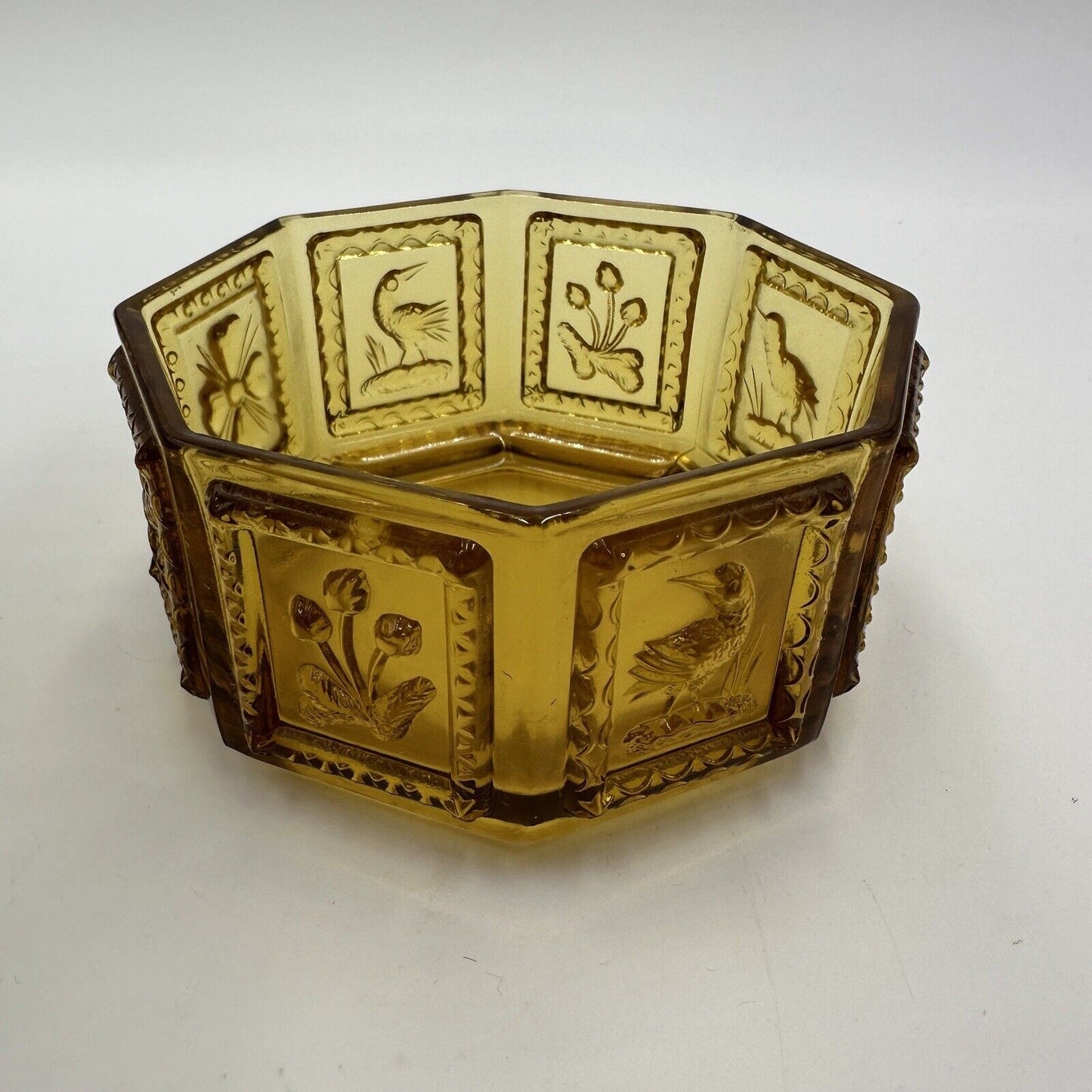 Imperial Glass Candy Dish With Cover Octagonal Amber Birds Nature Vintage