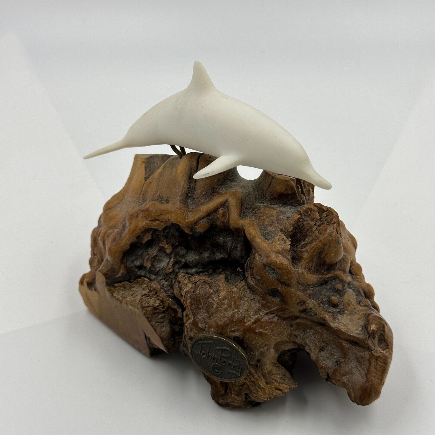 John Perry Dolphin Pellucita Sculpture Figure Statue Manzanita Wood Marked Ocean