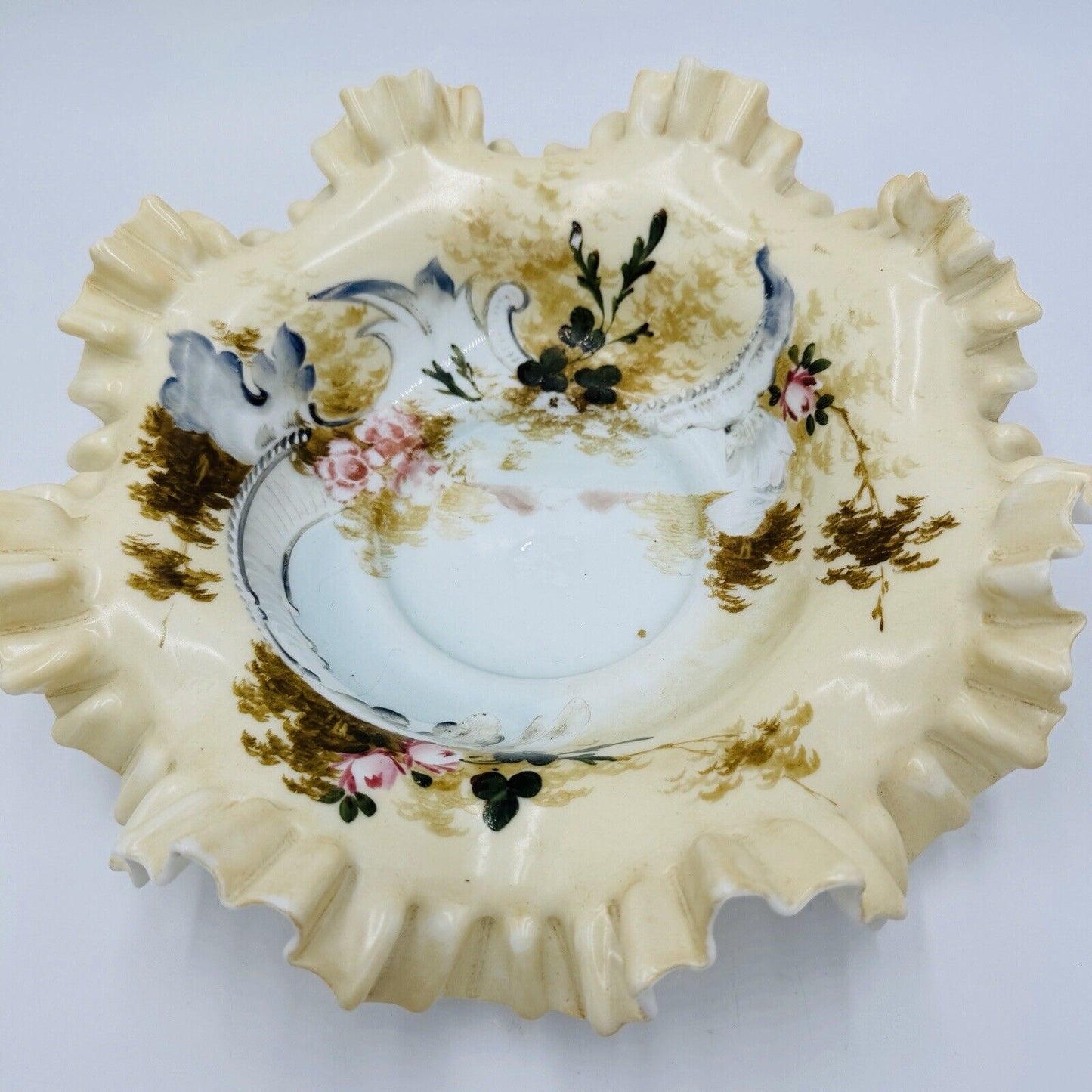 Antique Victorian Art Glass Ruffle Handpainted Bowl Large Floral