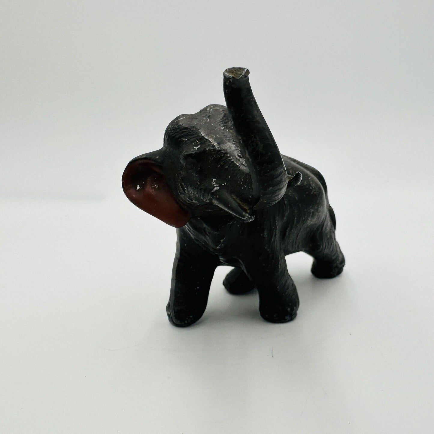 Vintage Metal Elephant Figurine Trunk Up Realistic Japan Metal Red Ears