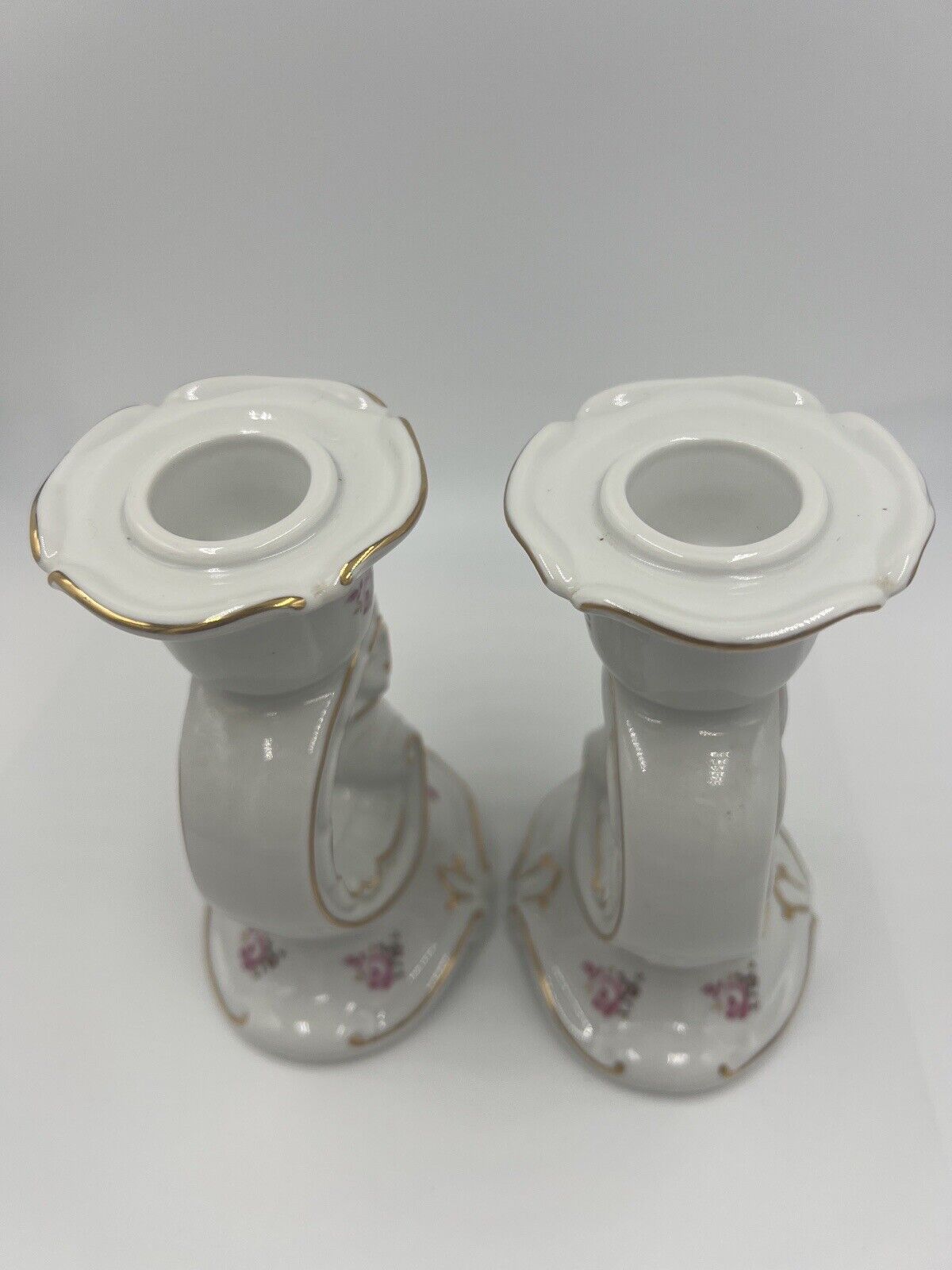 Weimar Candle Holder Porcelain Floral Gold Trim Germany Vintage Set of 2