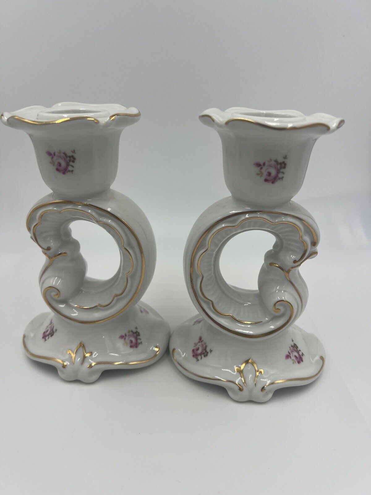 Weimar Candle Holder Porcelain Floral Gold Trim Germany Vintage Set of 2