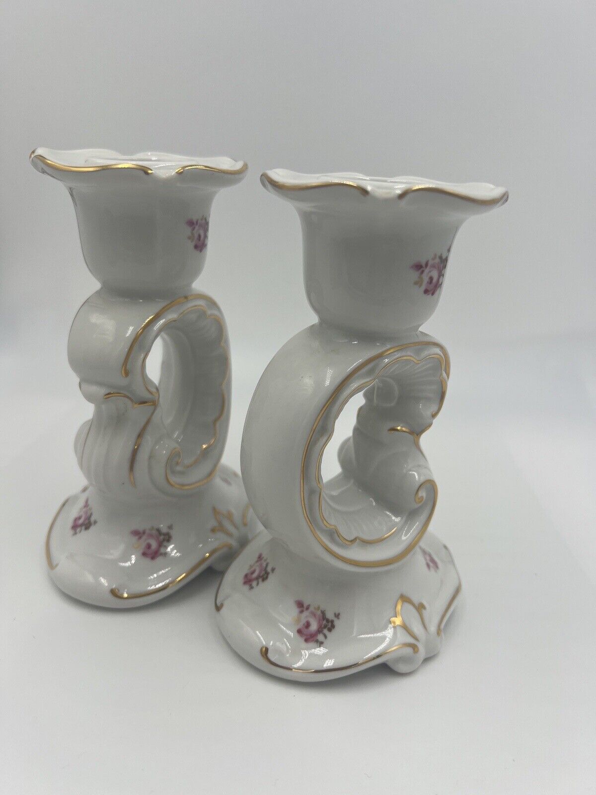 Weimar Candle Holder Porcelain Floral Gold Trim Germany Vintage Set of 2