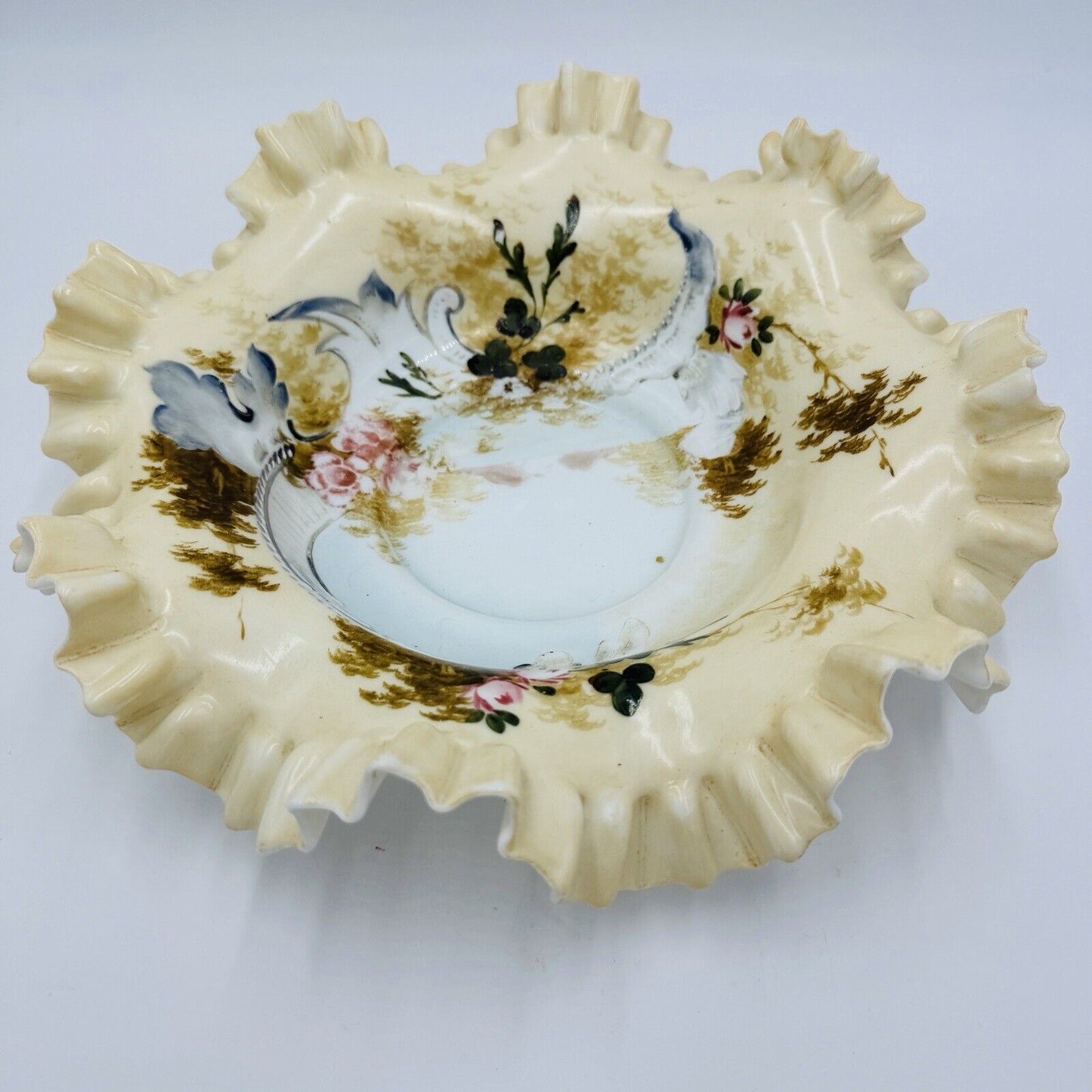 Antique Victorian Art Glass Ruffle Handpainted Bowl Large Floral
