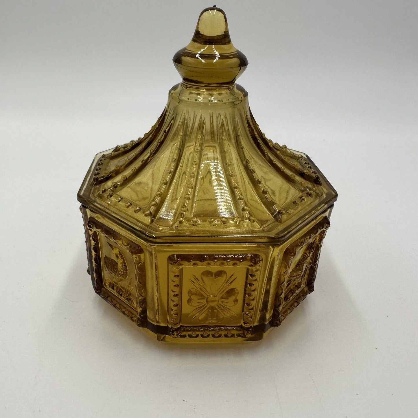 Imperial Glass Candy Dish With Cover Octagonal Amber Birds Nature Vintage