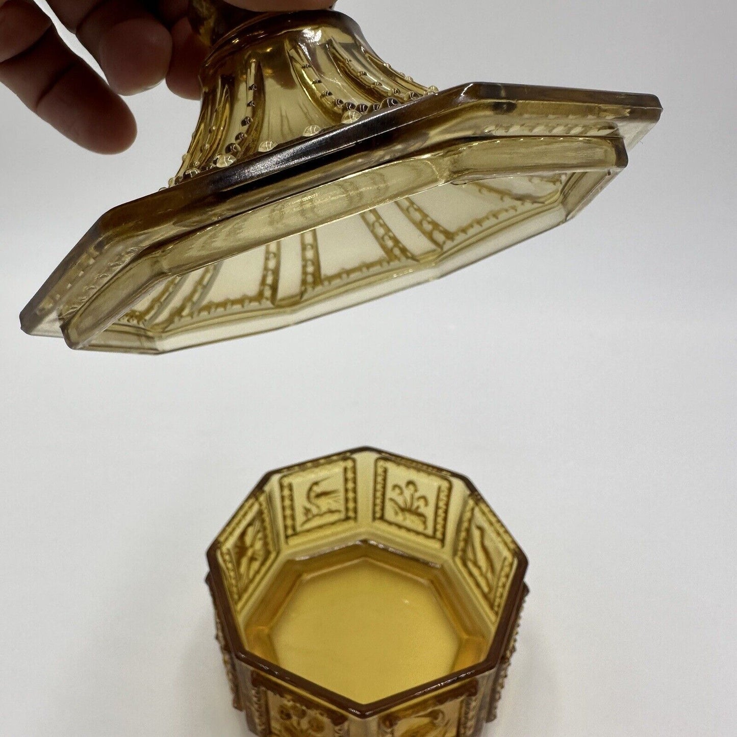 Imperial Glass Candy Dish With Cover Octagonal Amber Birds Nature Vintage