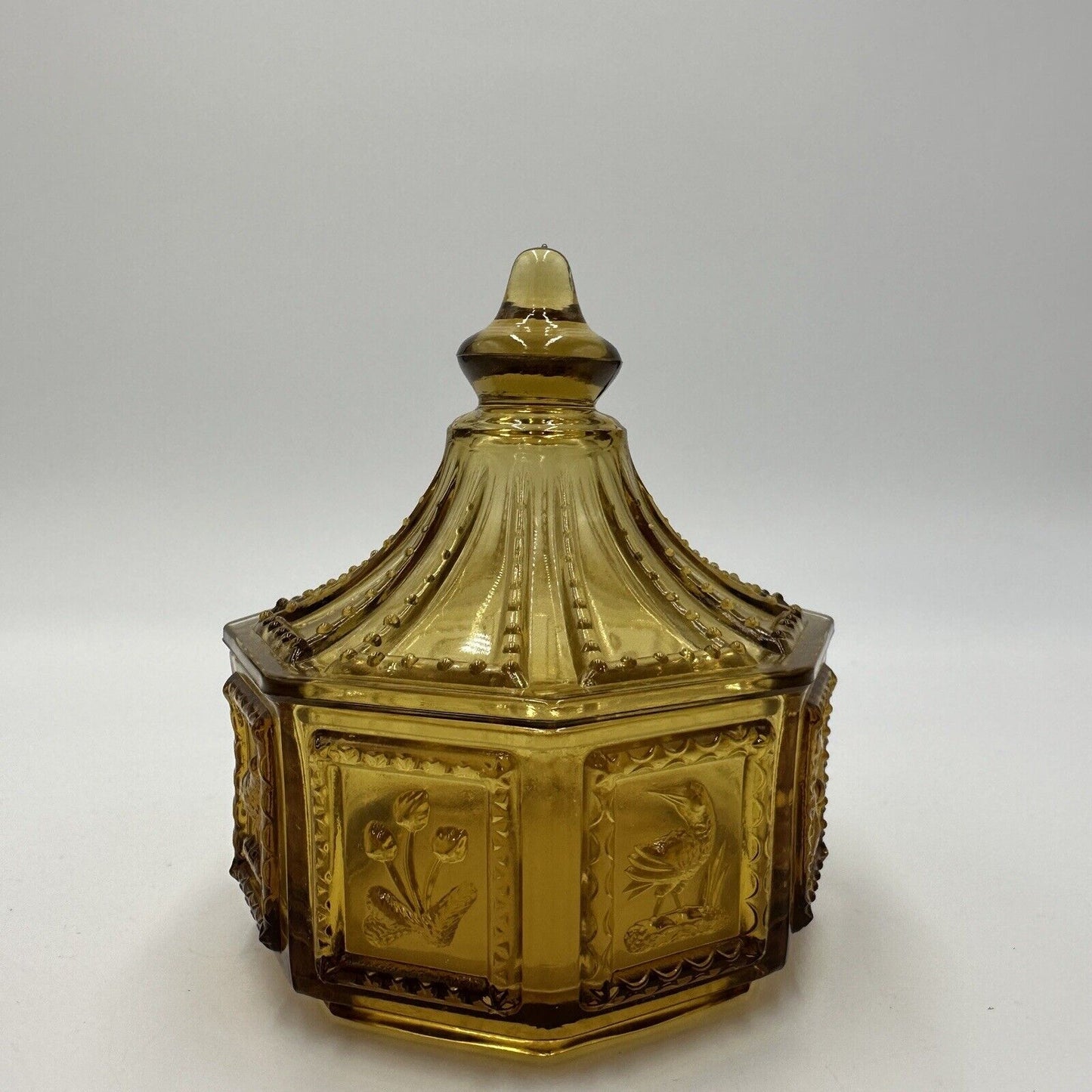 Imperial Glass Candy Dish With Cover Octagonal Amber Birds Nature Vintage