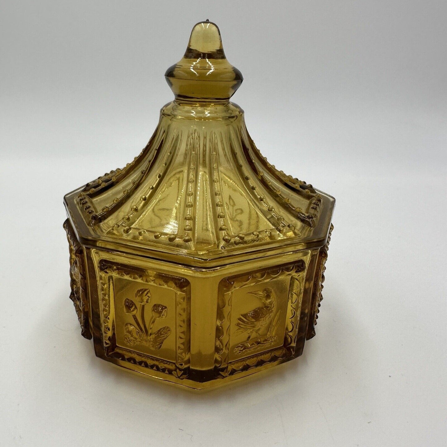 Imperial Glass Candy Dish With Cover Octagonal Amber Birds Nature Vintage
