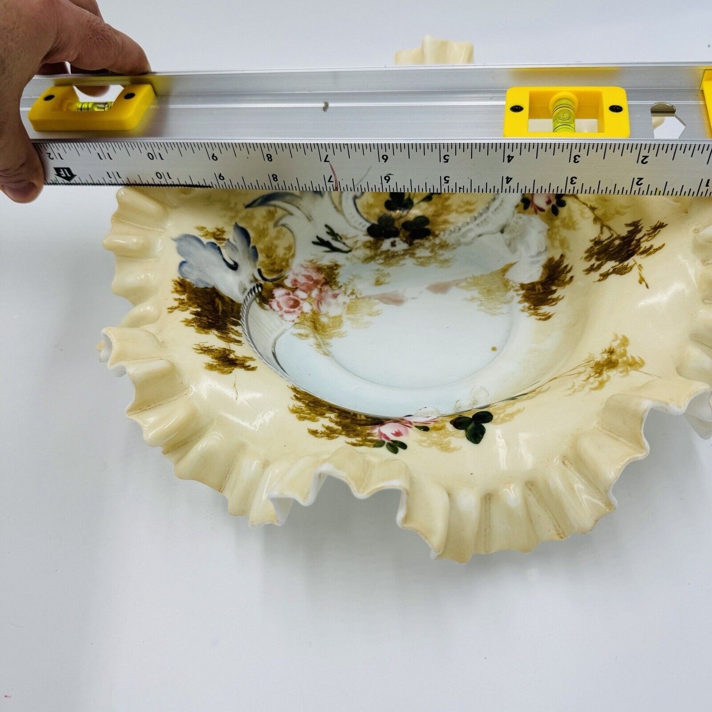 Antique Victorian Art Glass Ruffle Handpainted Bowl Large Floral