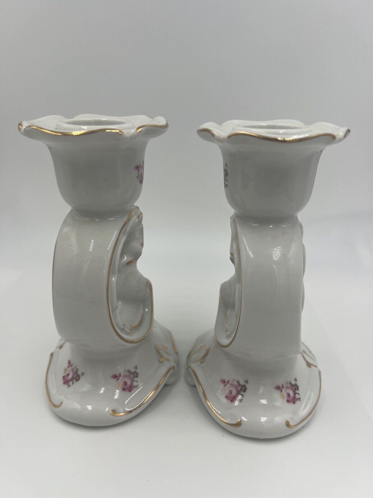 Weimar Candle Holder Porcelain Floral Gold Trim Germany Vintage Set of 2