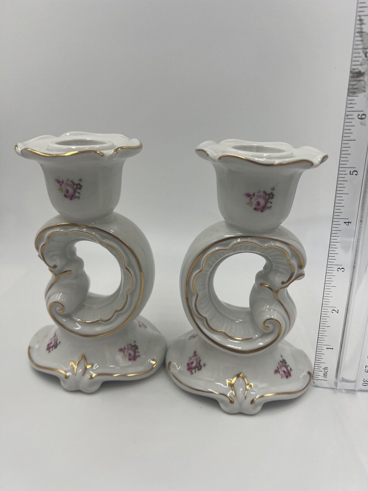 Weimar Candle Holder Porcelain Floral Gold Trim Germany Vintage Set of 2