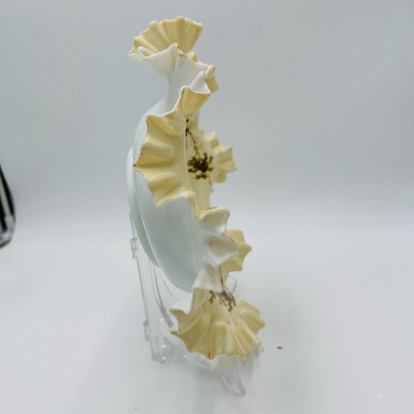Antique Victorian Art Glass Ruffle Handpainted Bowl Large Floral