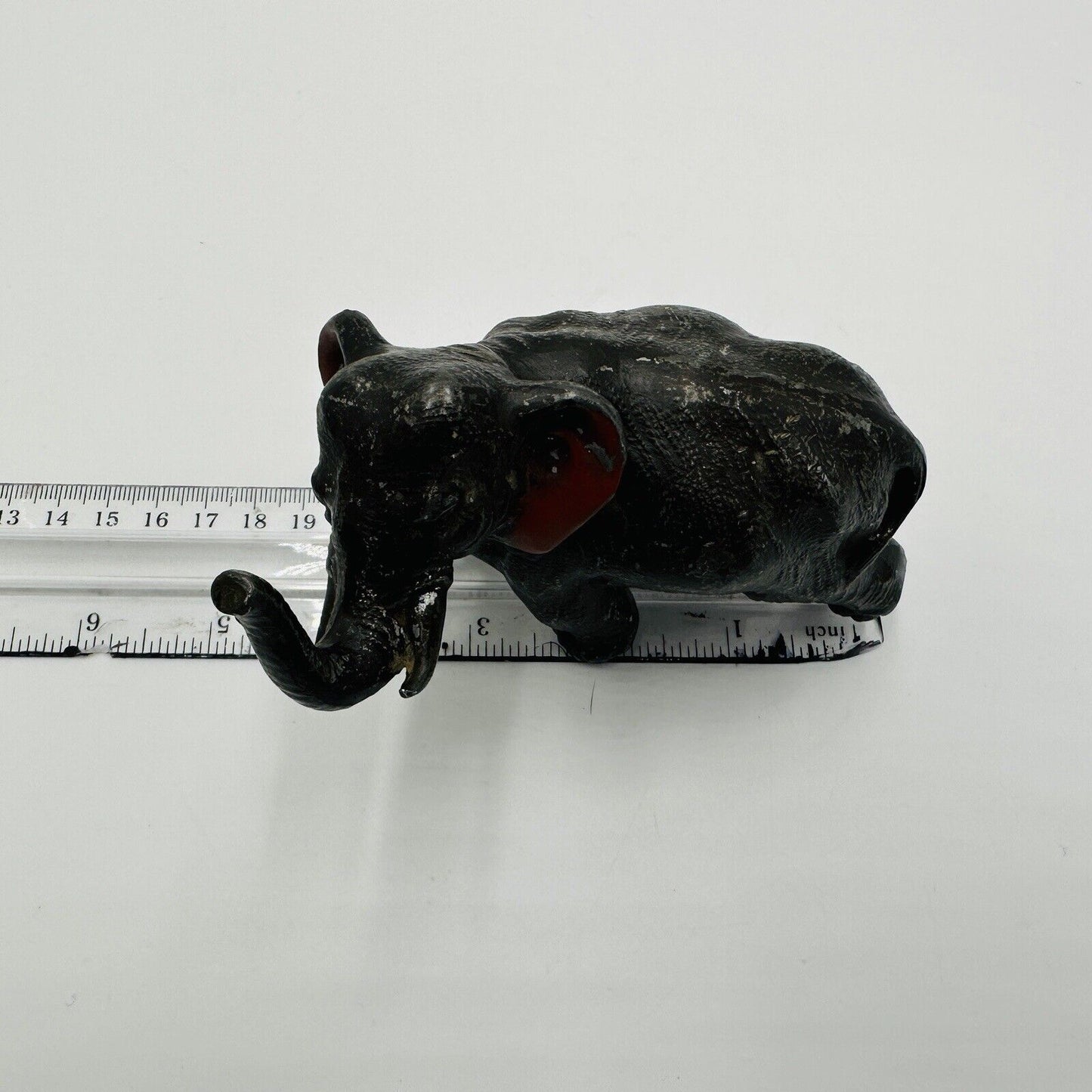 Vintage Metal Elephant Figurine Trunk Up Realistic Japan Metal Red Ears