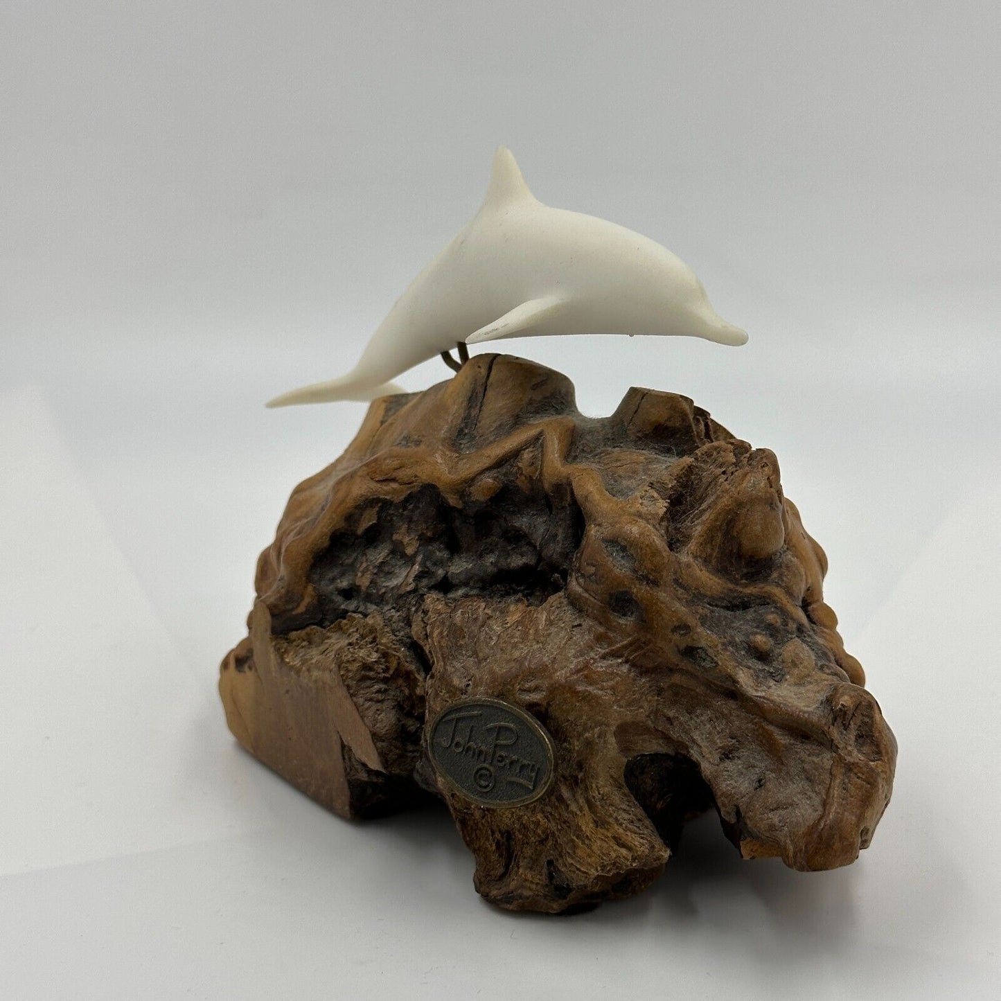 John Perry Dolphin Pellucita Sculpture Figure Statue Manzanita Wood Marked Ocean