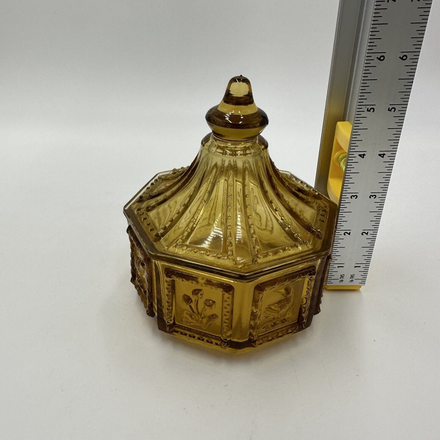 Imperial Glass Candy Dish With Cover Octagonal Amber Birds Nature Vintage
