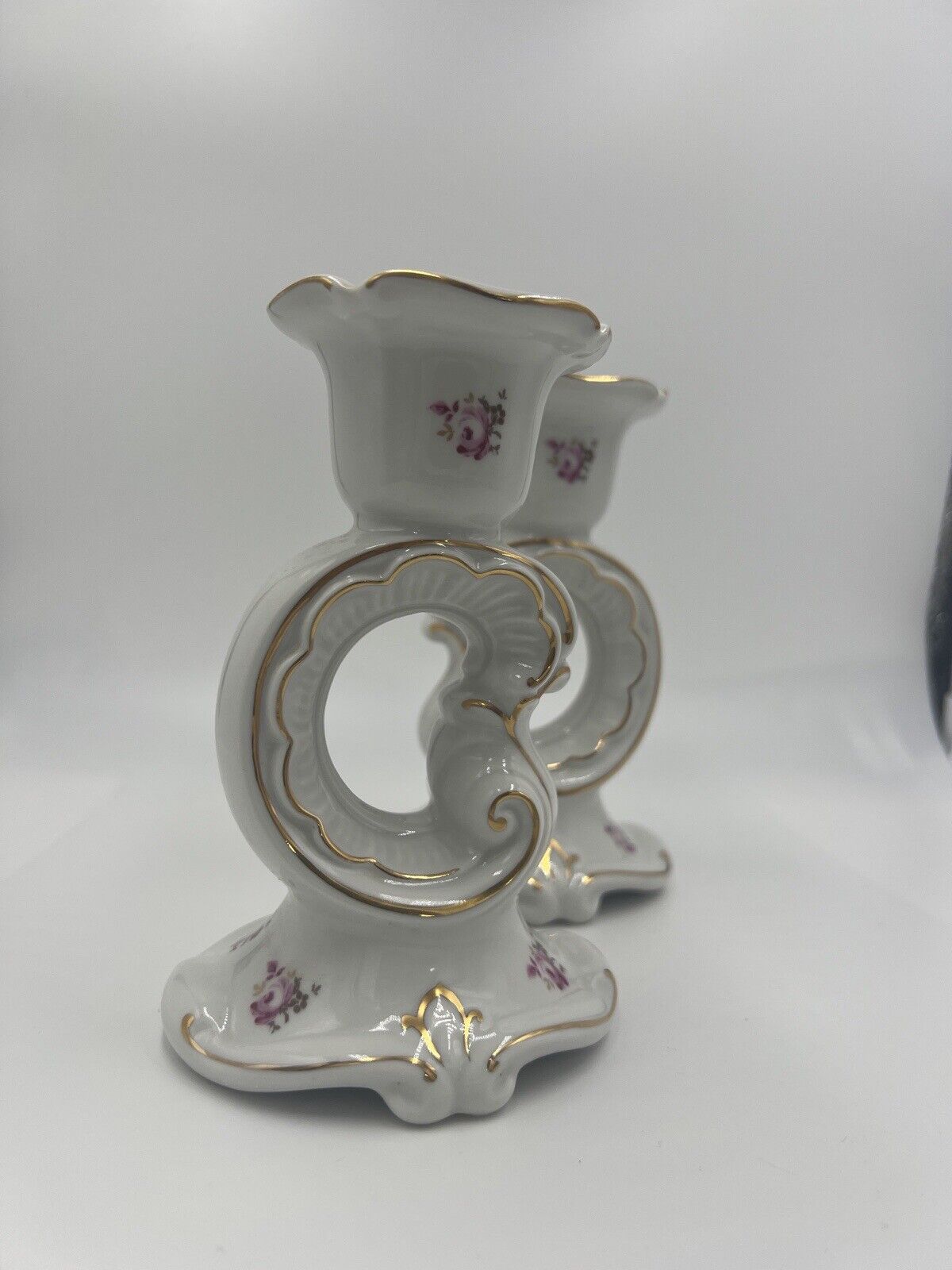 Weimar Candle Holder Porcelain Floral Gold Trim Germany Vintage Set of 2