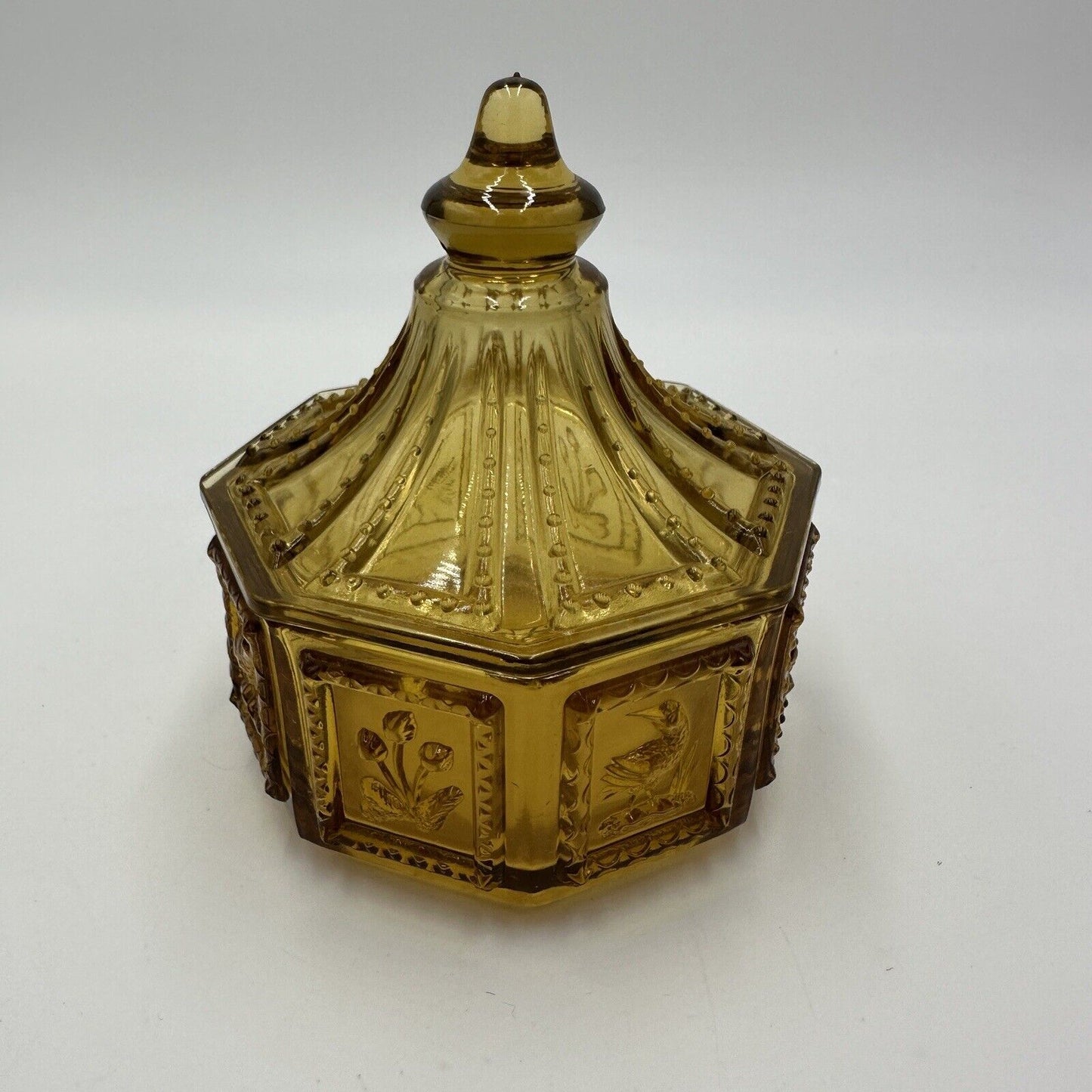 Imperial Glass Candy Dish With Cover Octagonal Amber Birds Nature Vintage