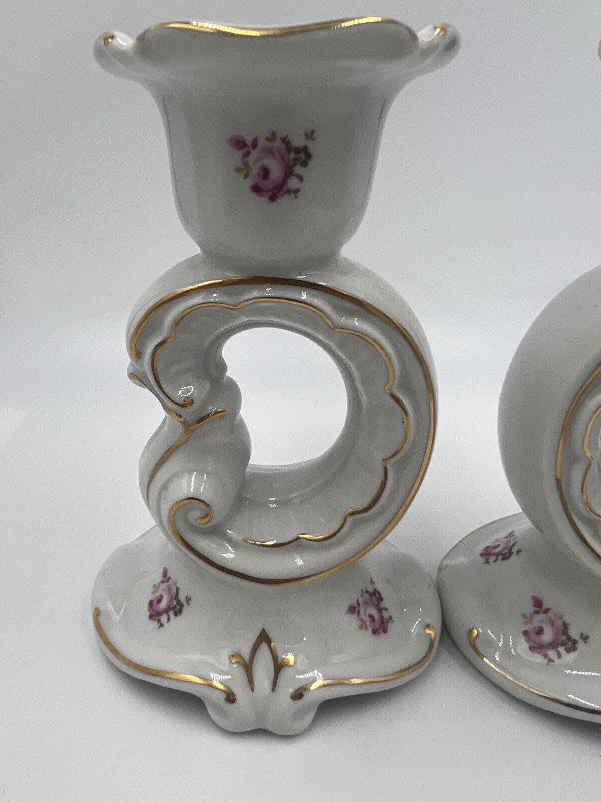 Weimar Candle Holder Porcelain Floral Gold Trim Germany Vintage Set of 2