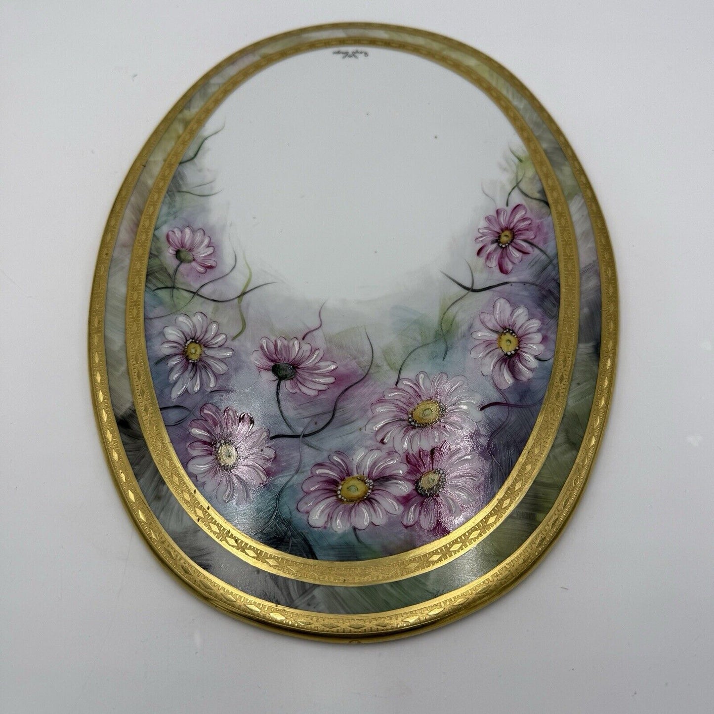 Royal Limoges France Painted Oval Floral Plaque Pink Gold Rim 12”x9” Porcelain