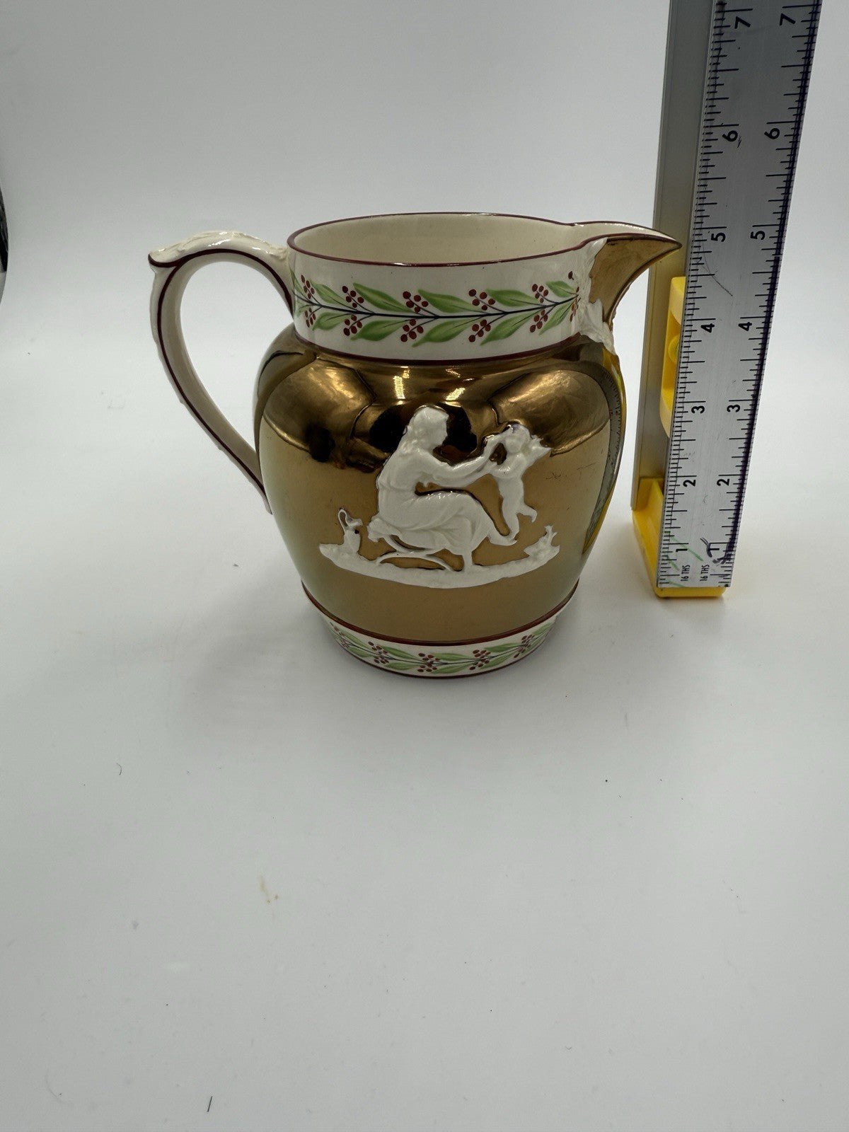 Antique Wedgwood England Queens ware Embossed Copper Luster Jug Mother & Child