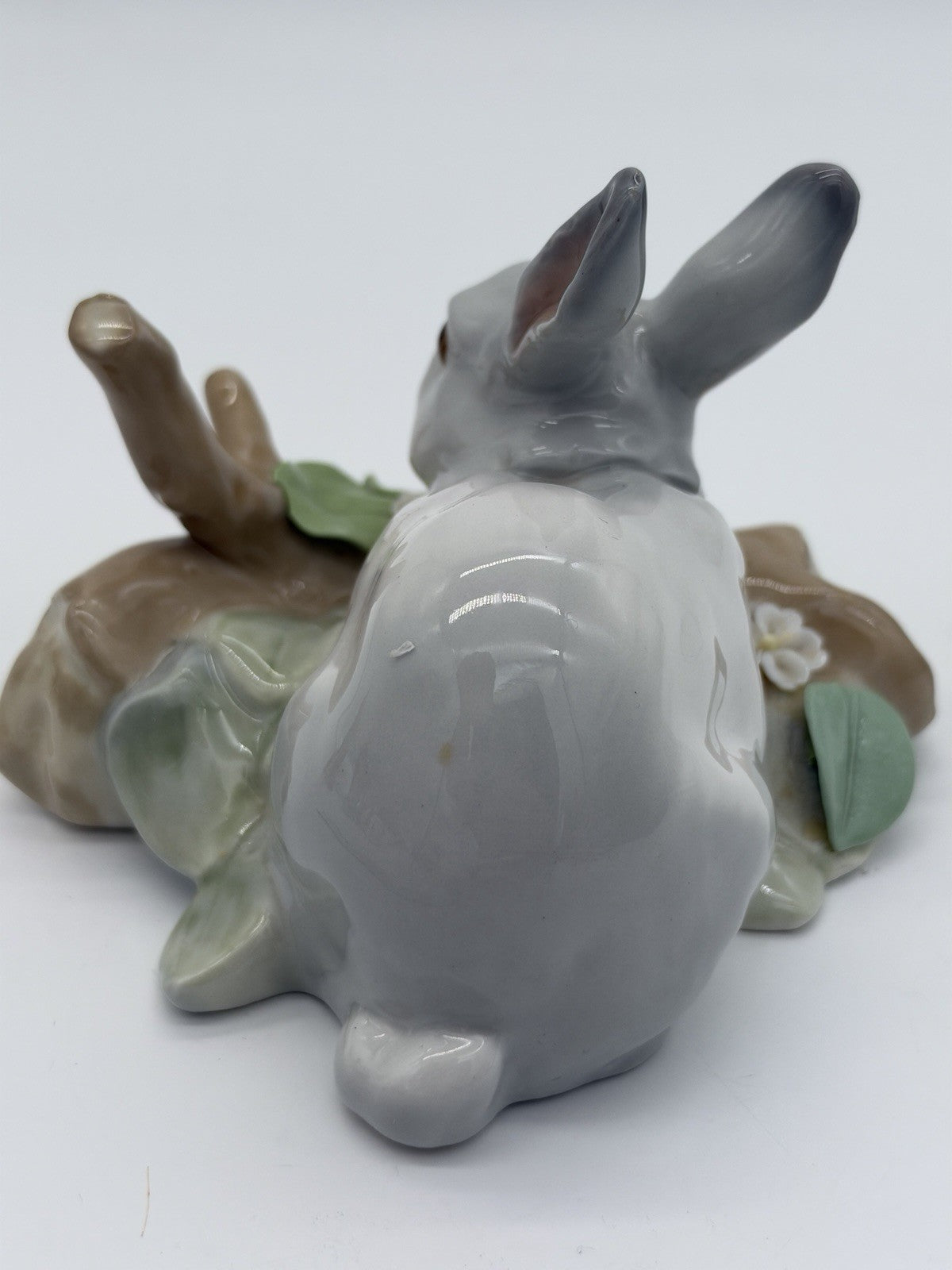 Lladro Spain Porcelain Bunny Rabbit Eating On Branch Gray /white Figurine Vintag