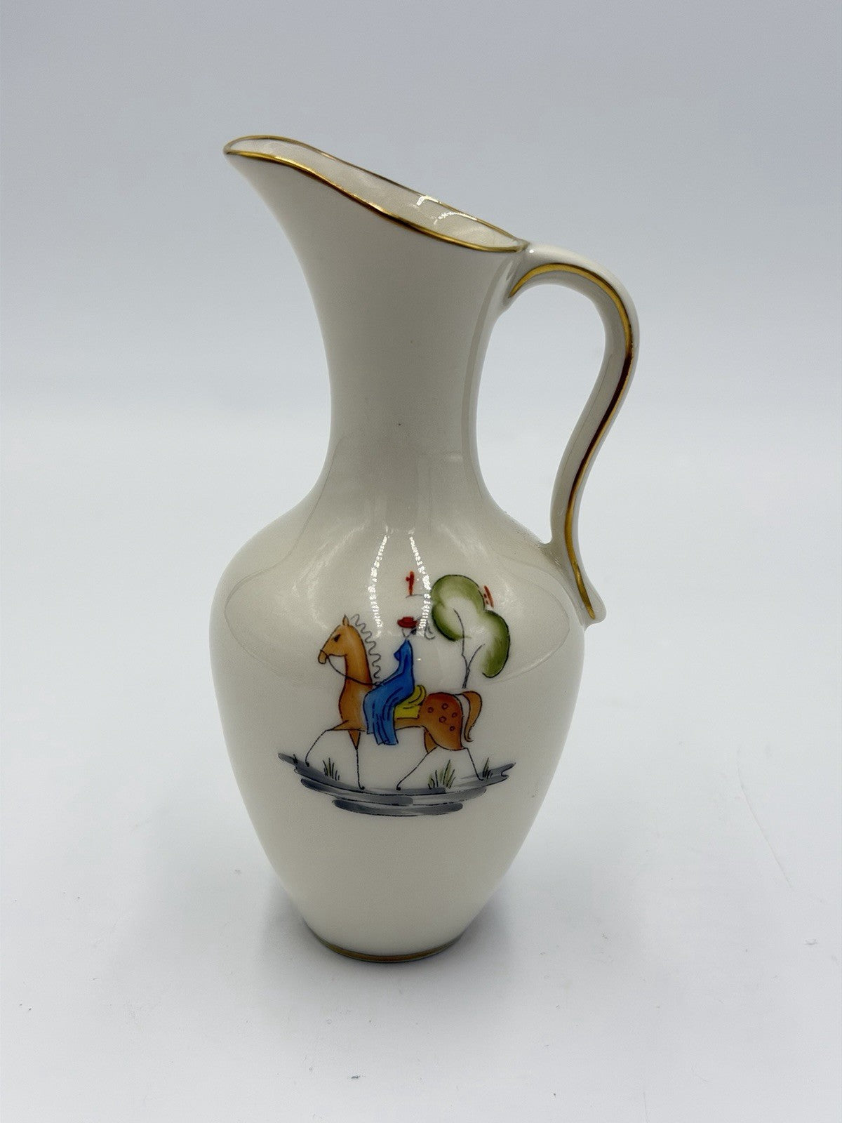 Vintage Lindner Porcelain Kueps Bavaria Germany Pitcher 5” Horseback Ride