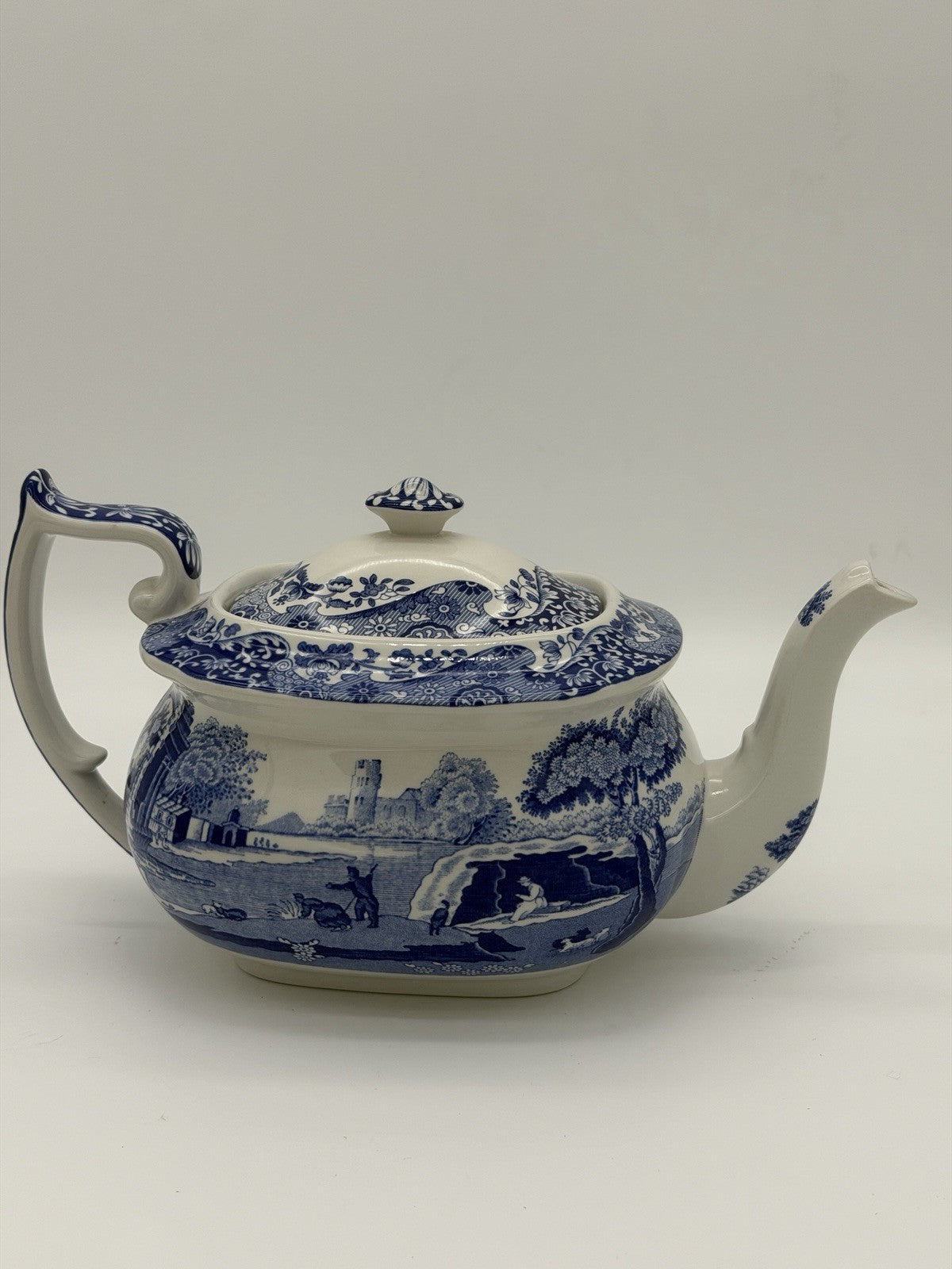 Large Spode England Porcelain Italian Blue & White Teapot 17/A4 Scenic 10”x5”
