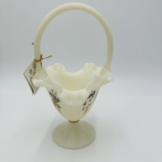 Fenton Basket Art Custard Glass Signed Ruffled Floral Butterfly Hand Painted