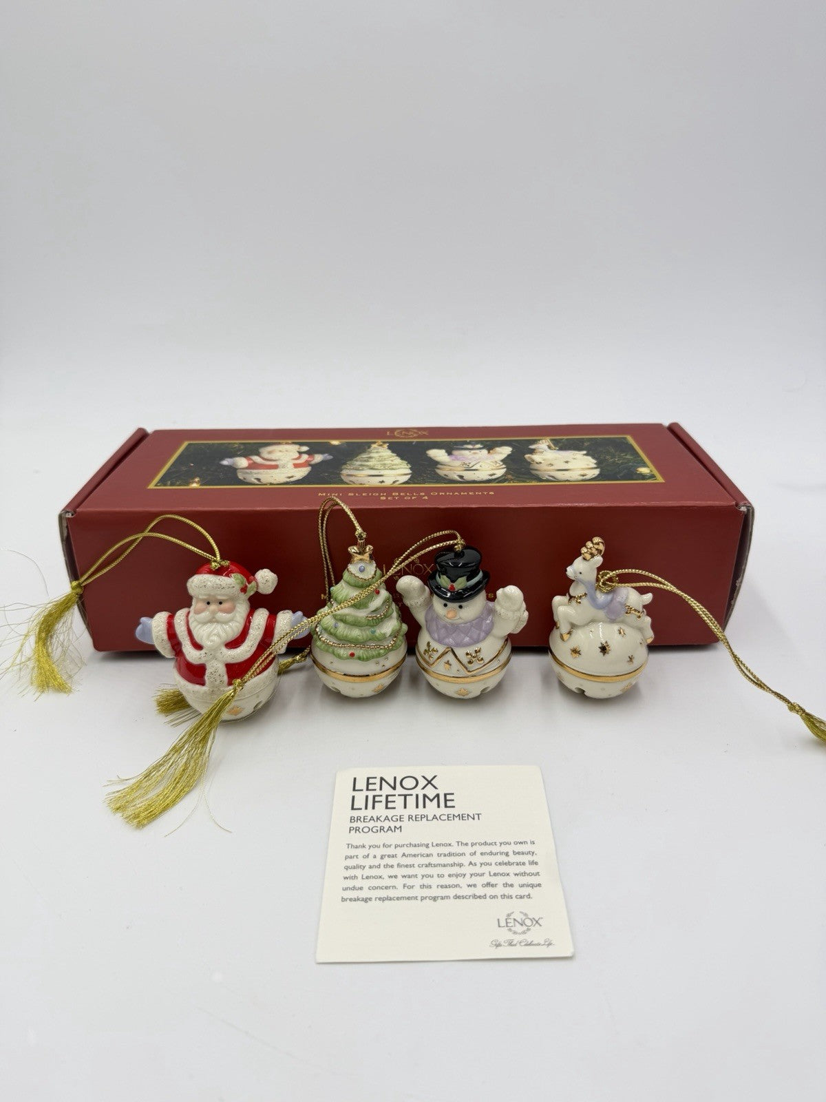 Lenox Porcelain USA Mini Sleigh Bells Ornaments Set Of 4 Reindeer Santa Snowman