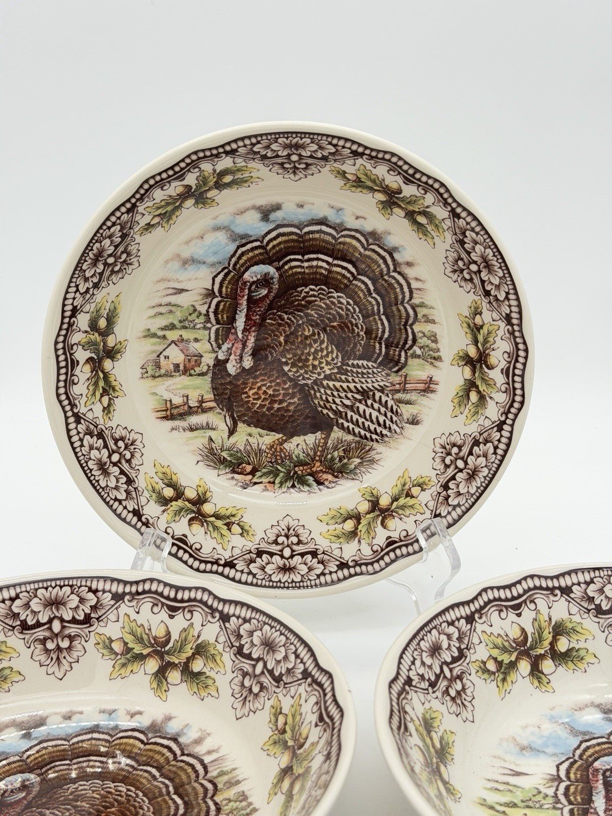 Victorian English Pottery Turkey Bowls Dinnerware Fall Thanksgiving 7”set 3 PCs
