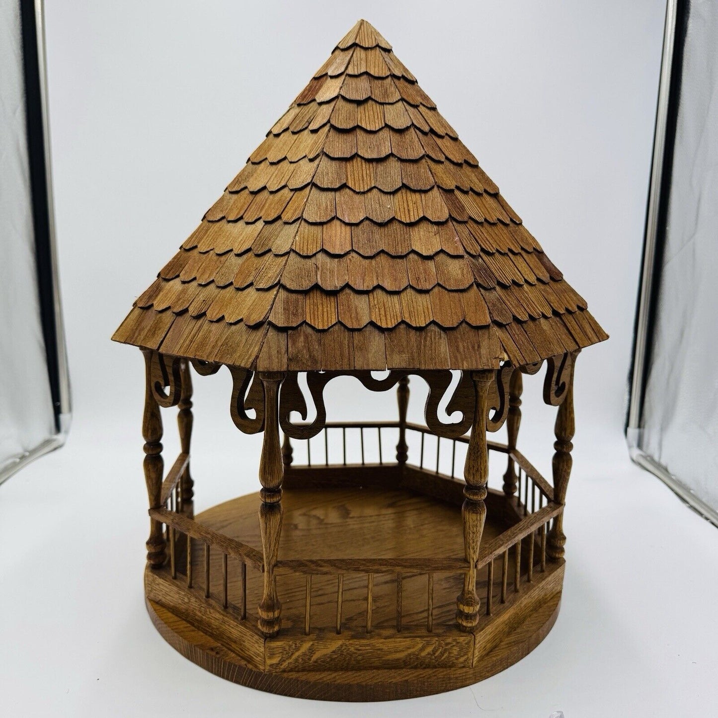 Large Folk Art Solid Wood Gazebo Bird feeder Vintage 1970s 18”x 14” Ornate Carve