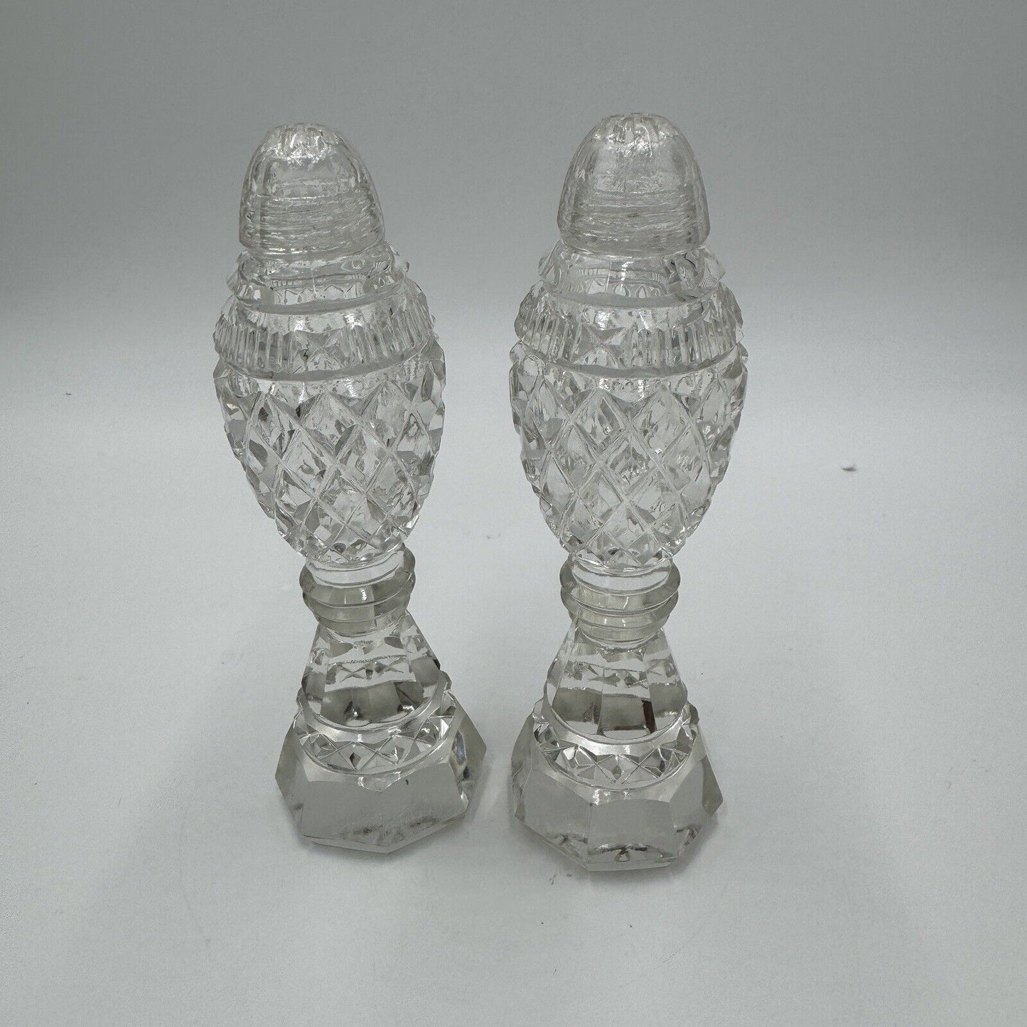 Antique Bohemian Czech Cut Glass Pedestal Salt & Pepper Shakers 6in H