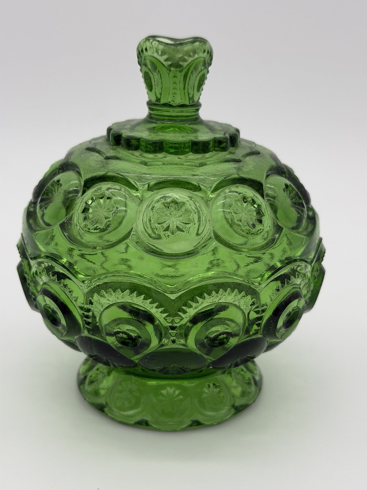 MCM LE Smith Art Glass Moon & Stars Lidded Compote / Candy Dish Green Emerald