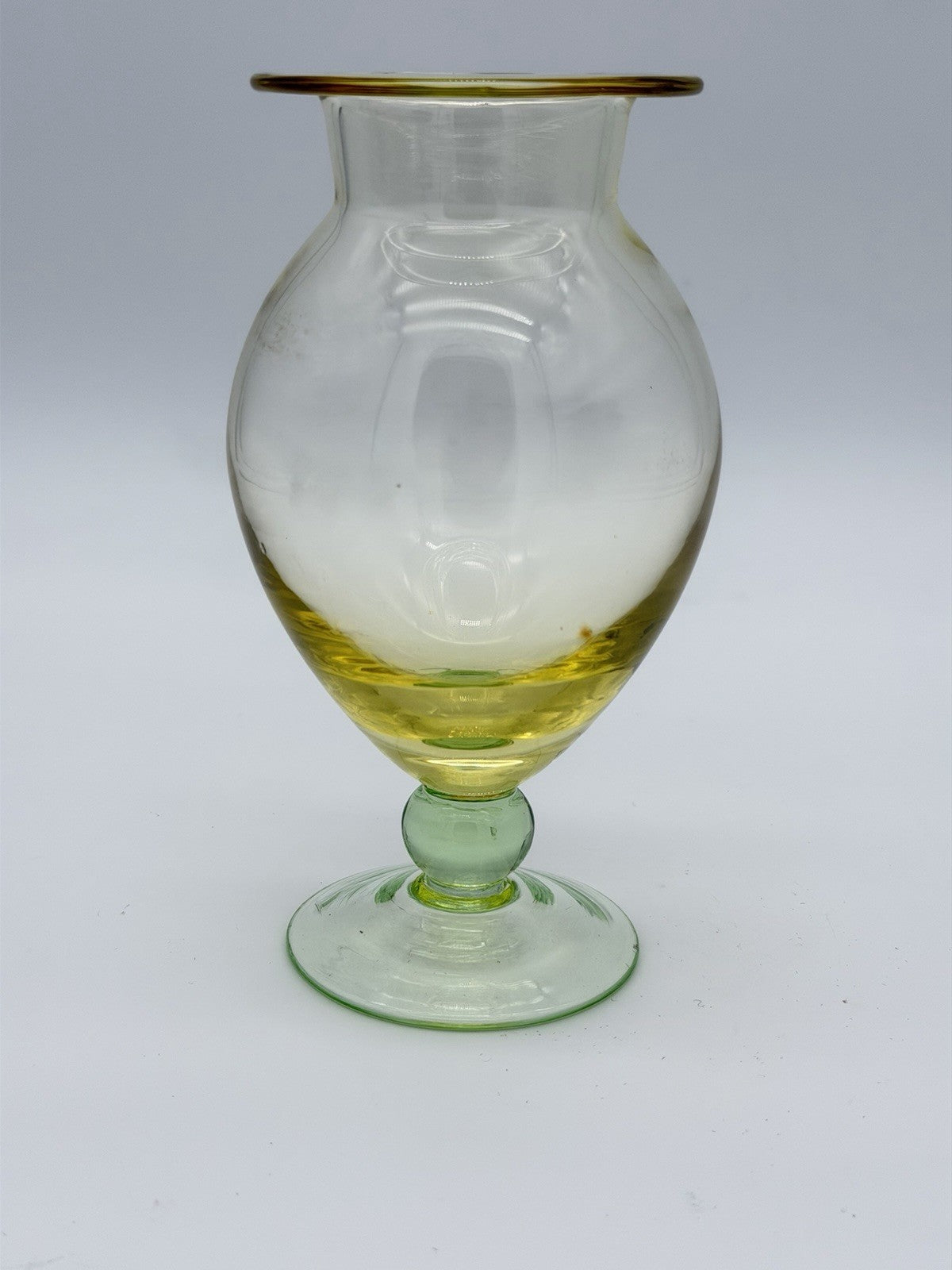 Vintage Tiffin art glass yellow w/green footed base Flower Vase 7”H Pedestal