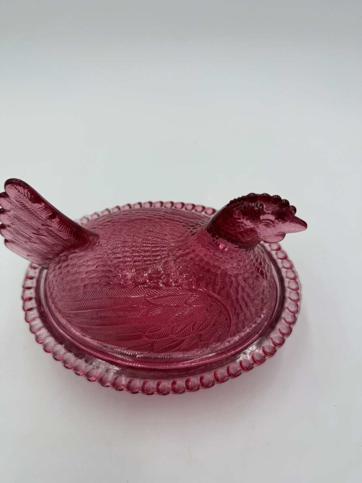 Vintage Indiana Art Glass Chicken /Hen on Nest Covered Dish Cranberry USA Rare