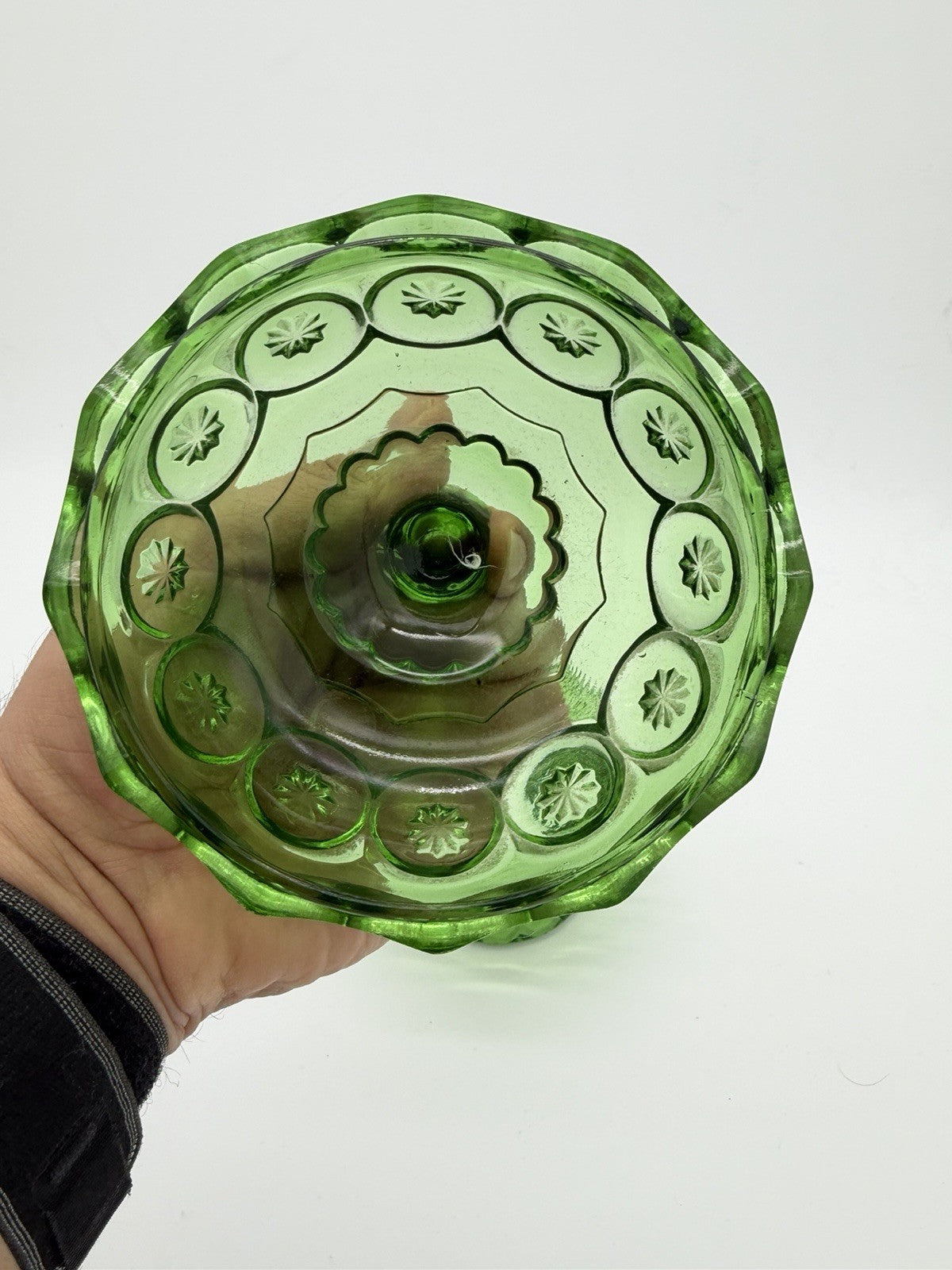 MCM LE Smith Art Glass Moon & Stars Lidded Compote / Candy Dish Green Emerald